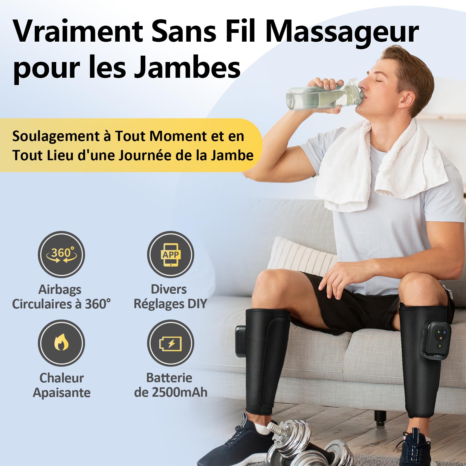 Comfytemp Appareil Massage Jambe sans Fil (2 pièces), Masqueur d'Air avec Chauffage pour Jambe, Contrôle par Application DIY, Appareil de Massage pour Mollets, 2500mAh, Convient pour Maman et Papa