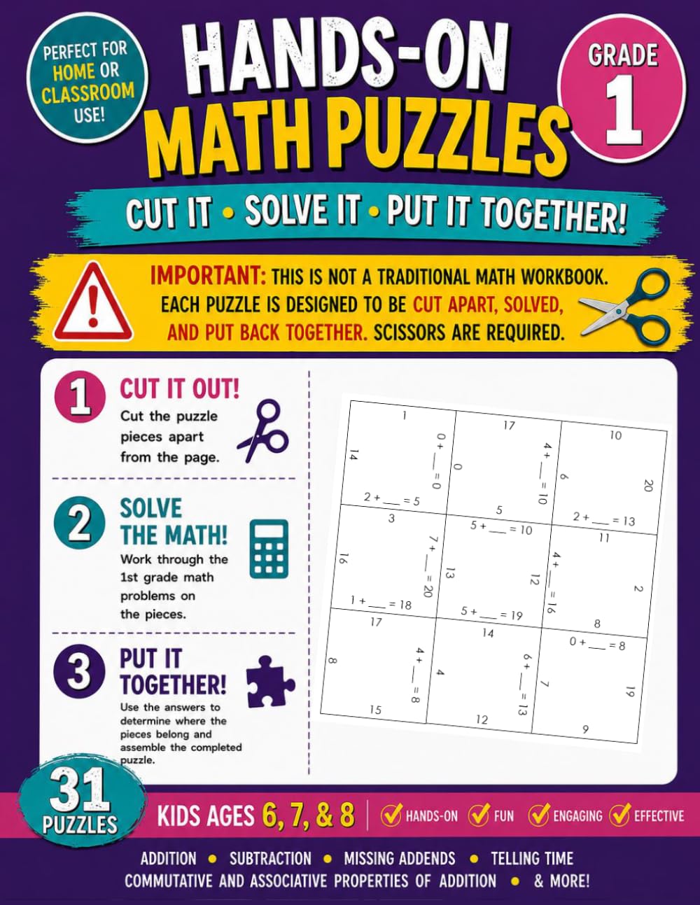 1st Grade Math Puzzles: Kids Ages 6, 7, & 8 - Addition, Subtraction, Missing Addends, Telling Time, Commutative and...