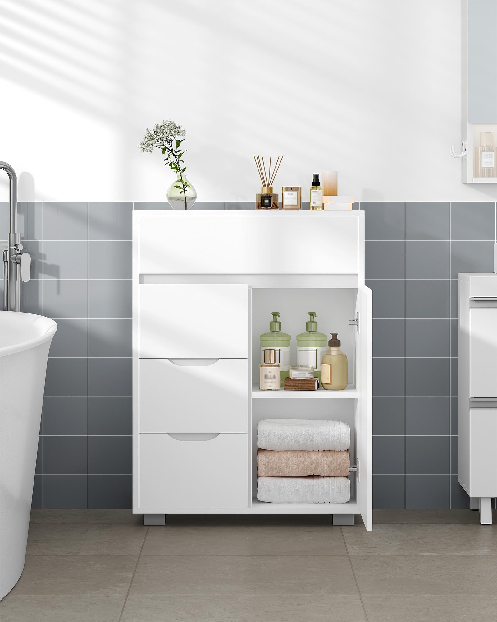 Hzuaneri Mobile Bagno, 4 Cassetti e 1 Anta, Ripiani Regolabili, Grande Capacità di Stoccaggio, Moderno, per Soggiorno o Bagno, Dimensioni, 30 x 55 x 82 cm, Bianco SC05503X