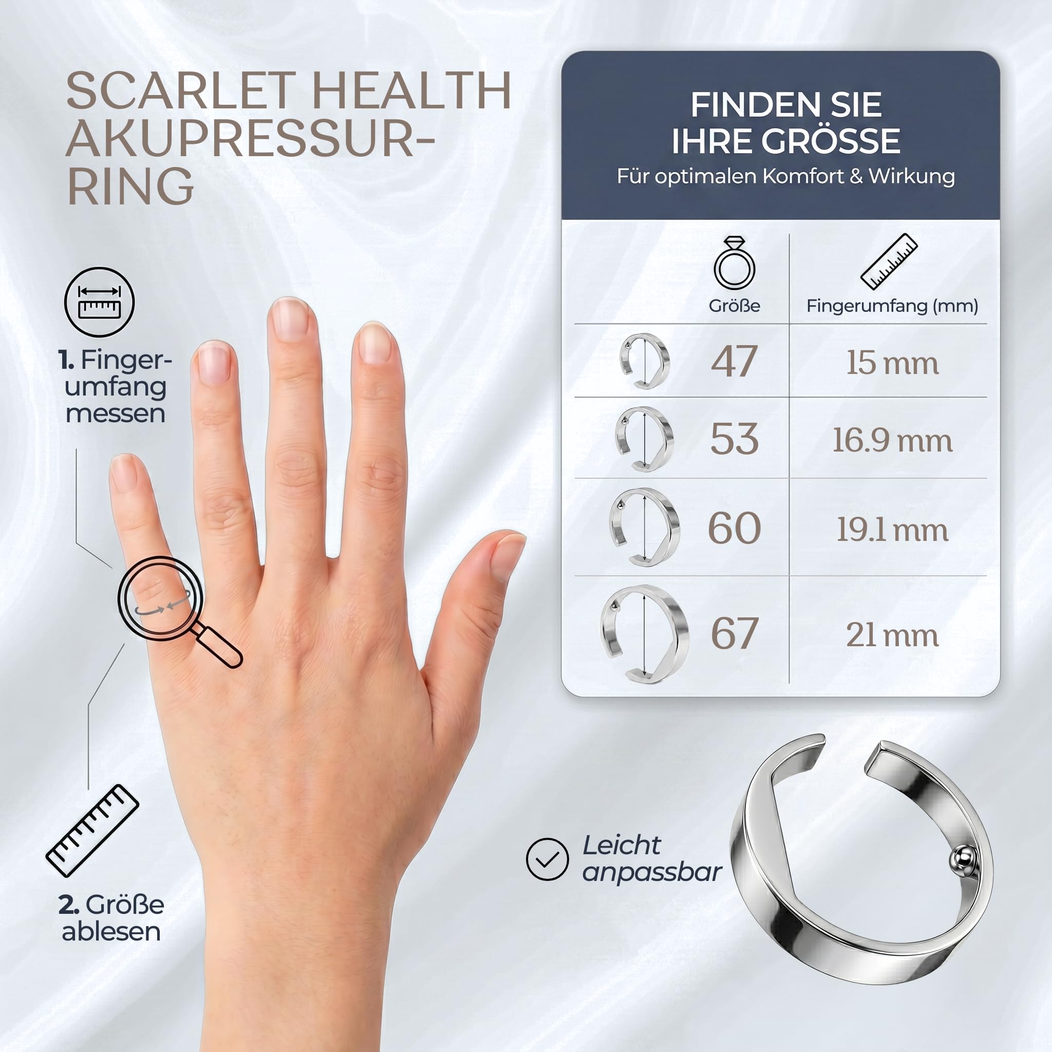 scarlet health - Anillo de acupresión"Good Night 925 plata de ley", aplicación en el dedo pequeño, tamaño del anillo y presión de presión ajustable