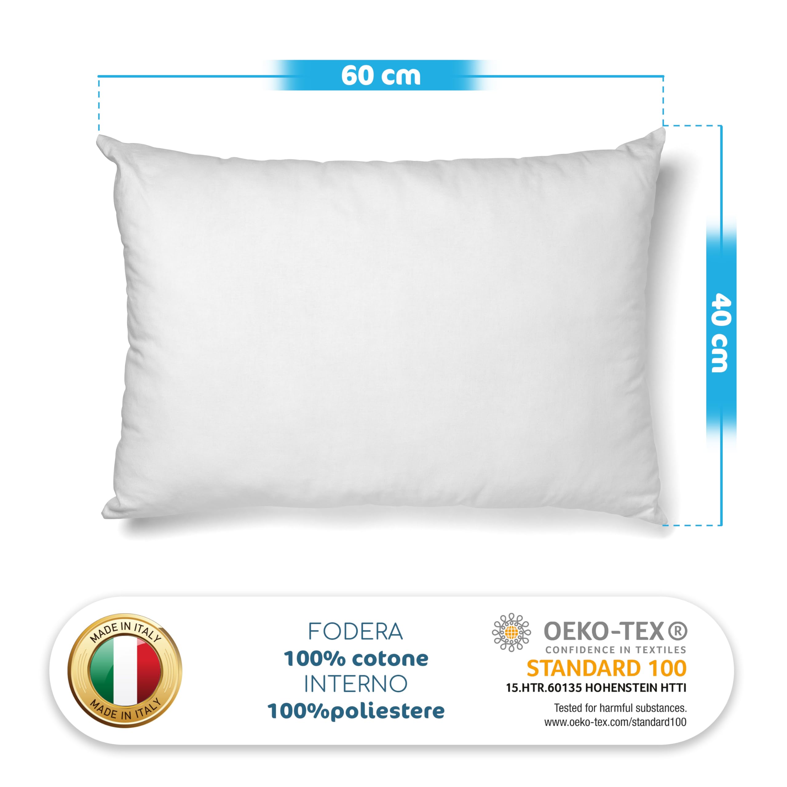 Coussin lit bébé 40 x 60 cm, 100 % fabriqué en Italie et OEKO-TEX®, hypoallergénique et anti-acariens avec revêtement 100 % coton, doux, lavable, sûr, confort et sécurité pour le sommeil de votre