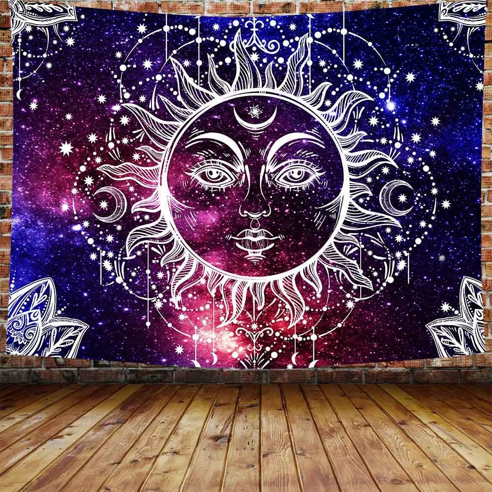 DBLLF Sun and Moon Tapestry Sun Wall Hanging Psychedelic Wall Tapestry Blue Celestial Tapestry Indian Hippy Bohemian Mandala Tapestry, 80x60 Large Flannel Art Tapestry for Home Decor DBZY0276-