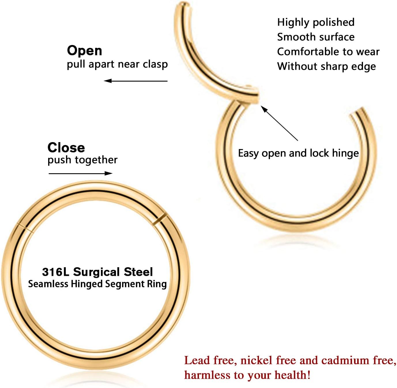 316L Surgical Steel Hinged Segment Nose Ring Hoop for Nose Septum Cartilage Helix Tragus Conch Rook Daith Lobe Lip Piercings 1 Pc - Image 2