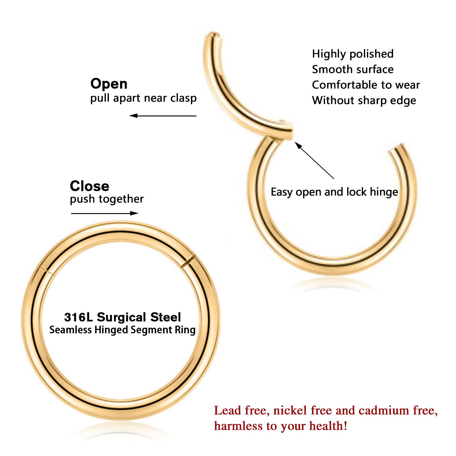 AROWRO 316L Surgical Steel Hinged Nose Rings Hoop 20G 18G 16G 14G 12G 10G 8G 6G 4G Seamless Piercing Rings for Nose Septum Cartilage Helix Tragus Conch Rook Daith Lobe Diameter 6mm to 14mm — view 4