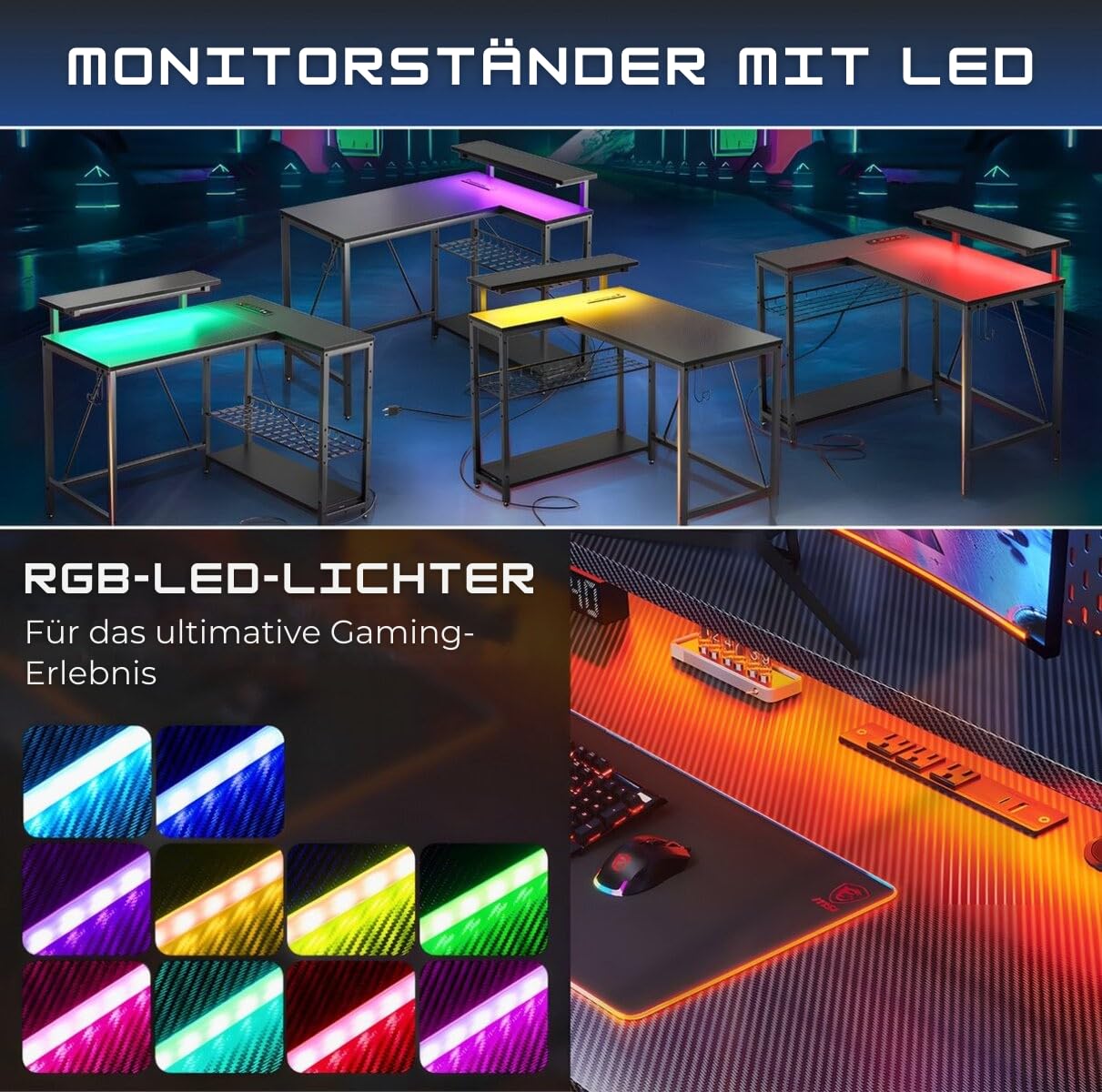 Five Stars® L-förmiger Gaming Schreibtisch - Computertisch - 107x80x76 cm - Gaming-Schreibtisch mit LED-Beleuchtung - Eckschreibtisch - Schwarz Carbon