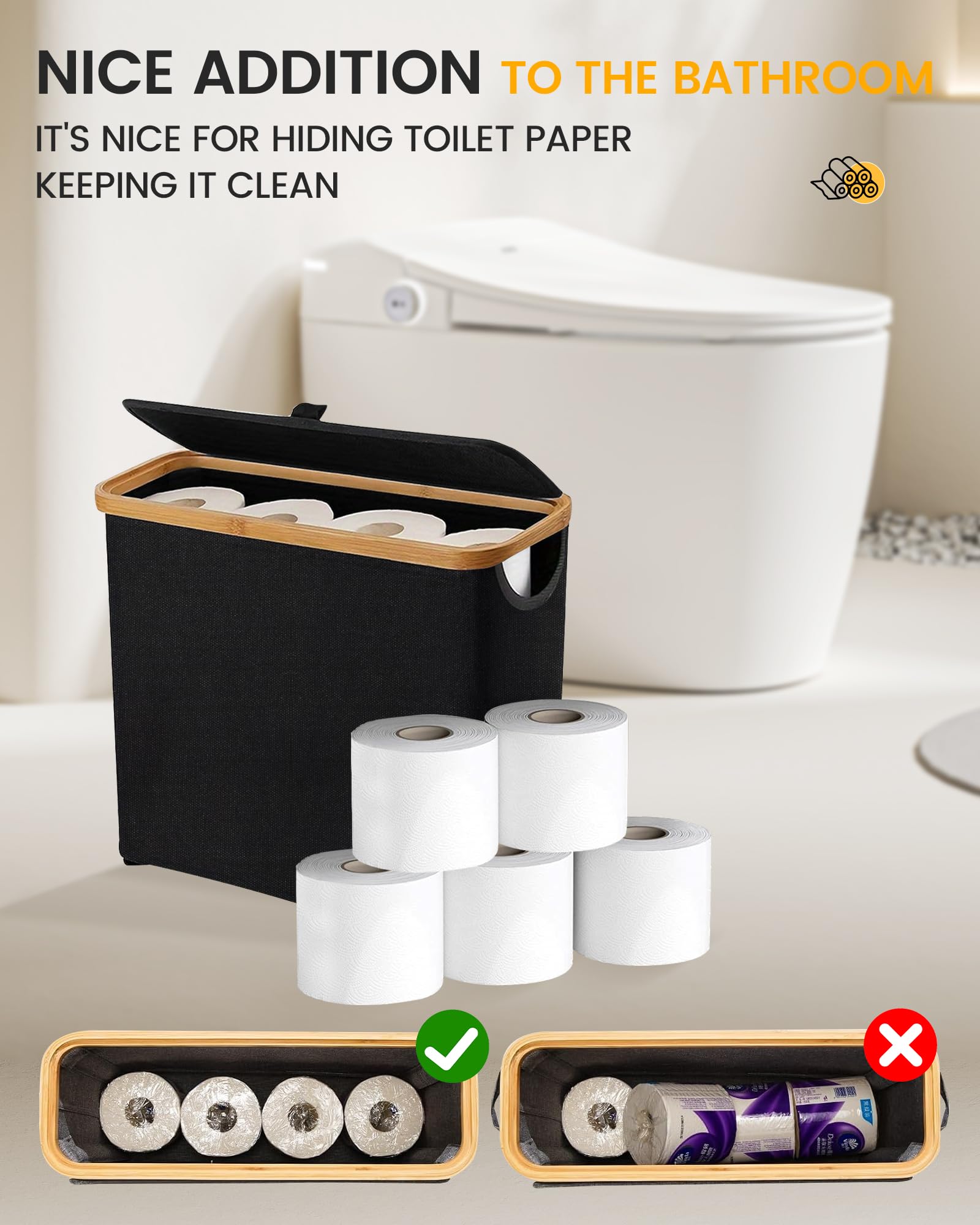 Oxford - Cesto Porta Carta Igienica Con Coperchio In Legno, Tessuto Oxford, Pieghevole, Capacità 12 Rotoli - 2