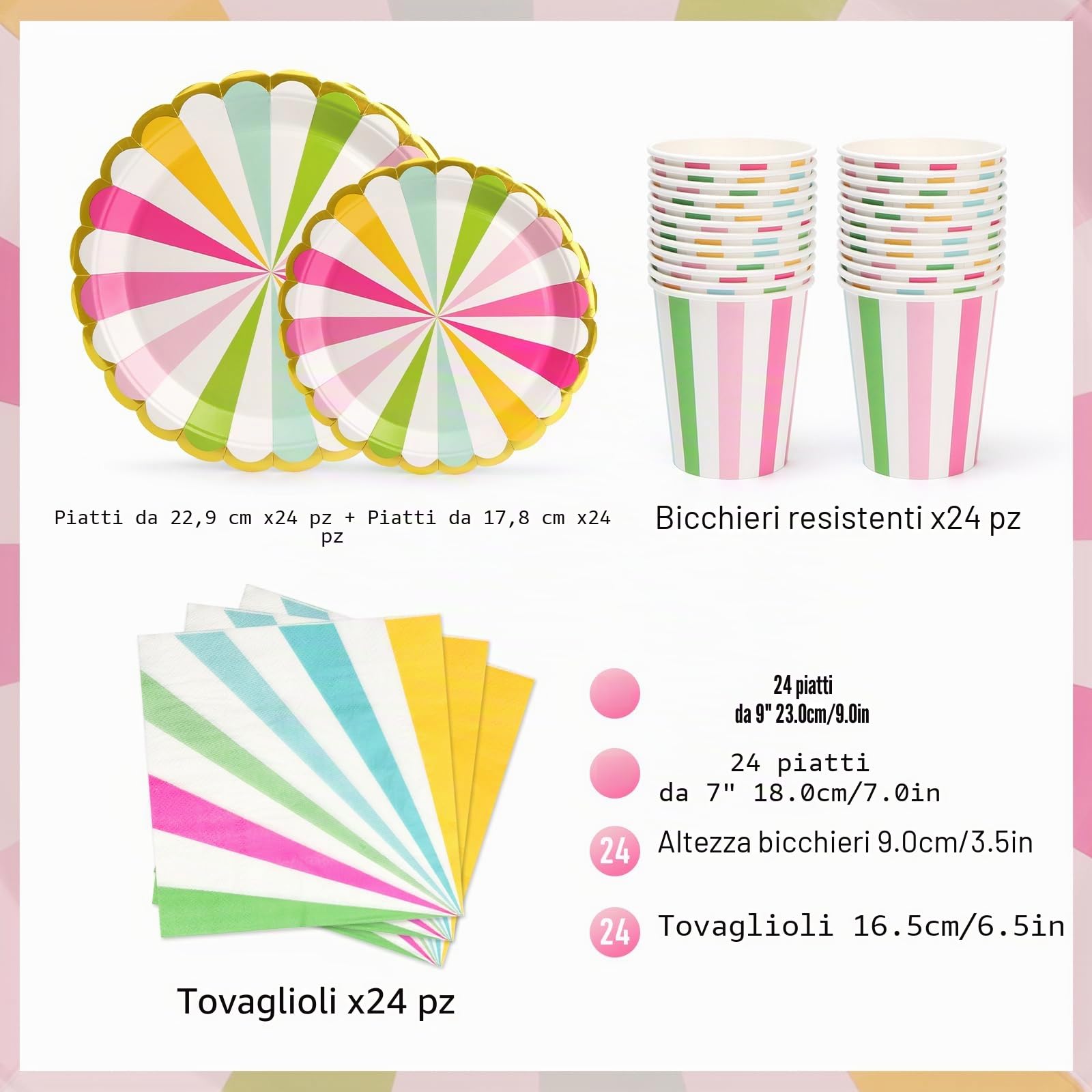 96 Pezzi Stoviglie per Feste Per 24 Ospiti Con Piatti Carta Colorati Strisce Usa e Getta di Carta Party Tazze Tovaglioli, Piatti Carta per Compleanno, Nuziale Doccia, Fidanzamento, Matrimonio