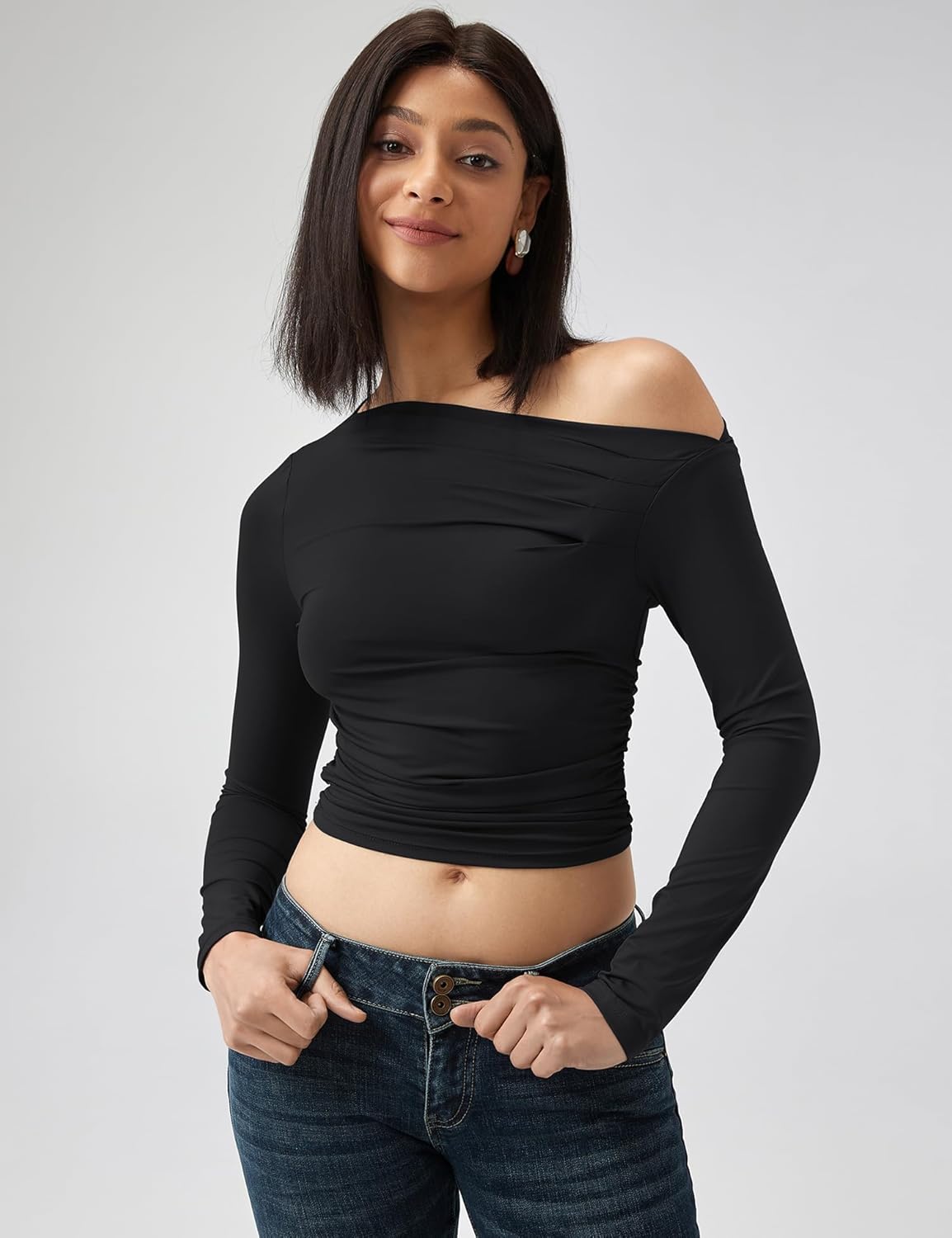 LOMON Long Sleeve Black Going Out Tops for Women Sexy Casual One Shoulder Tight Shirt Cute Spring Cream Sexy Blouse Black XL - Image 3