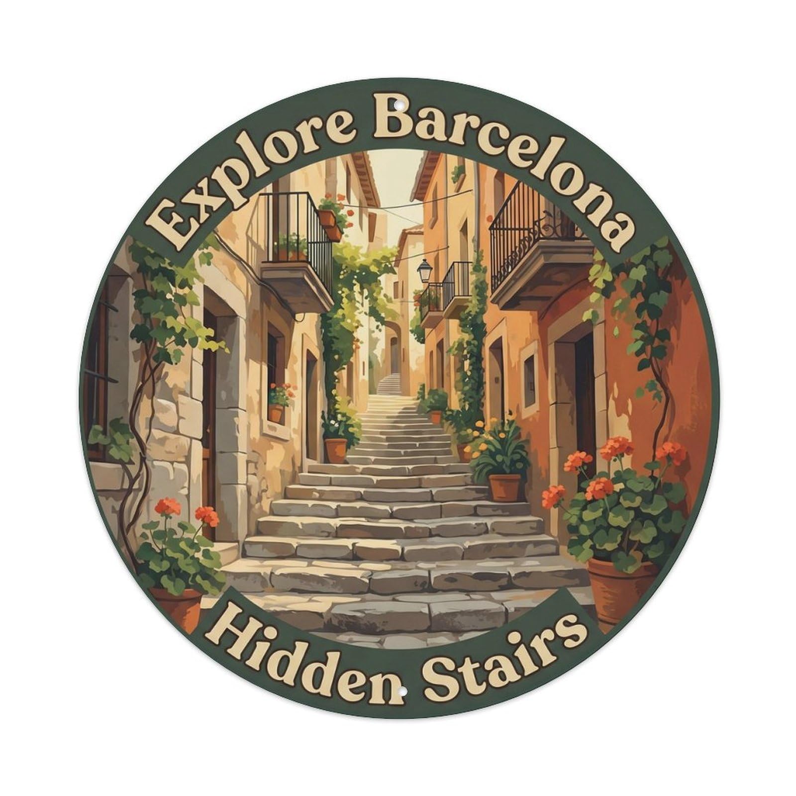 Classic Barcelona Catalan City Stairs Explore Scenic Metal Tin Sign Plaque Wall Decor for Cafe, Man Cave, Club Bar, Office, Home Garden Round Metal Poster 8x8Inch