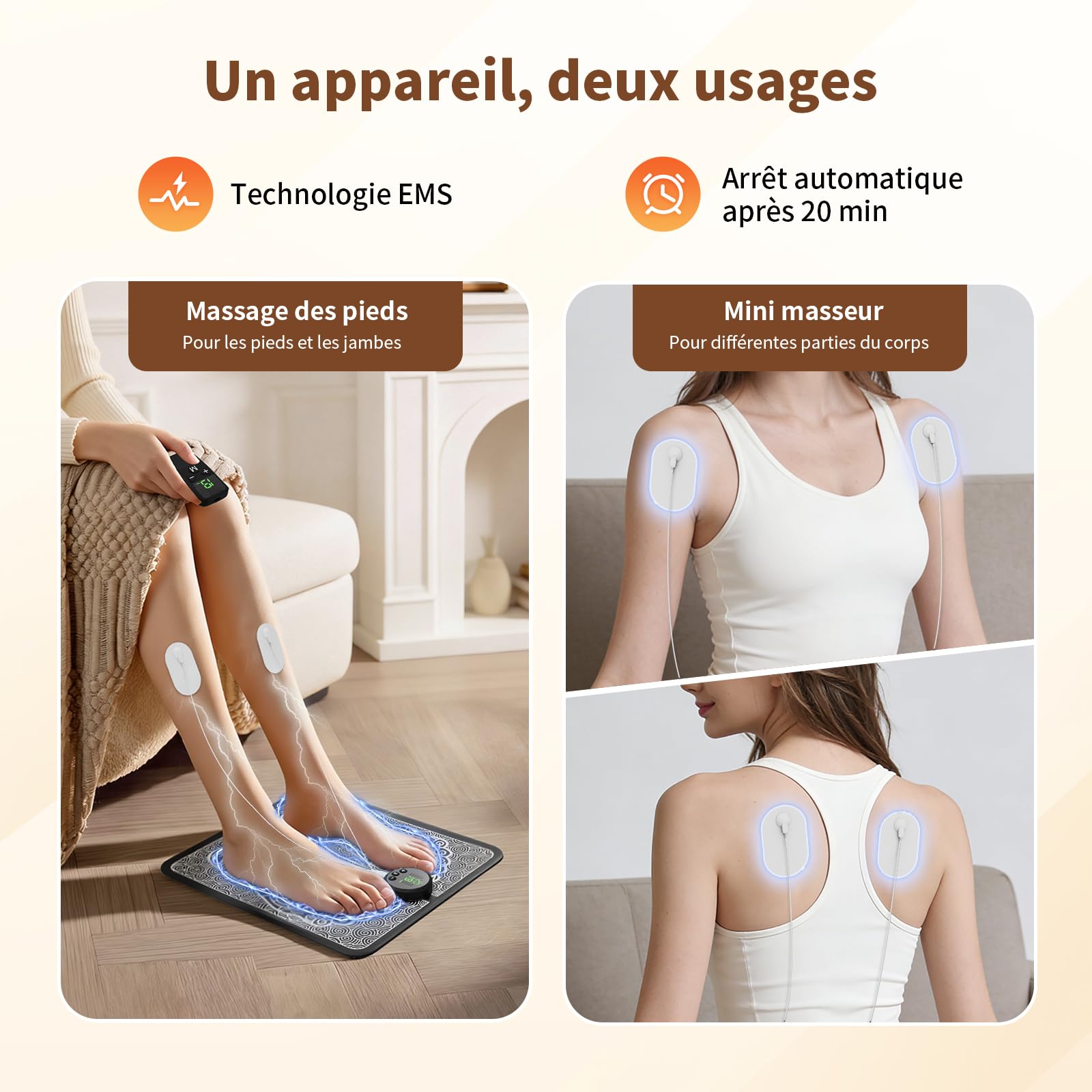 Masseur Plantaire EMS, Tapis de Massage des Pieds pour la Circulation Sanguine et le Soulagement de la Douleur, 12 Modes et 19 Niveaux d'Intensité pour une Activation Musculaire Profonde