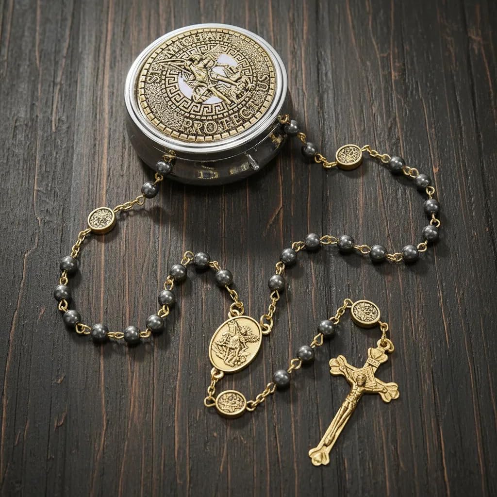 Nazareth Store Rosario de San Miguel, collar de cuentas de piedra de hematita, cuentas de gloria, medalla de arcángel y crucifijo para hombres y mujeres en caja de metal