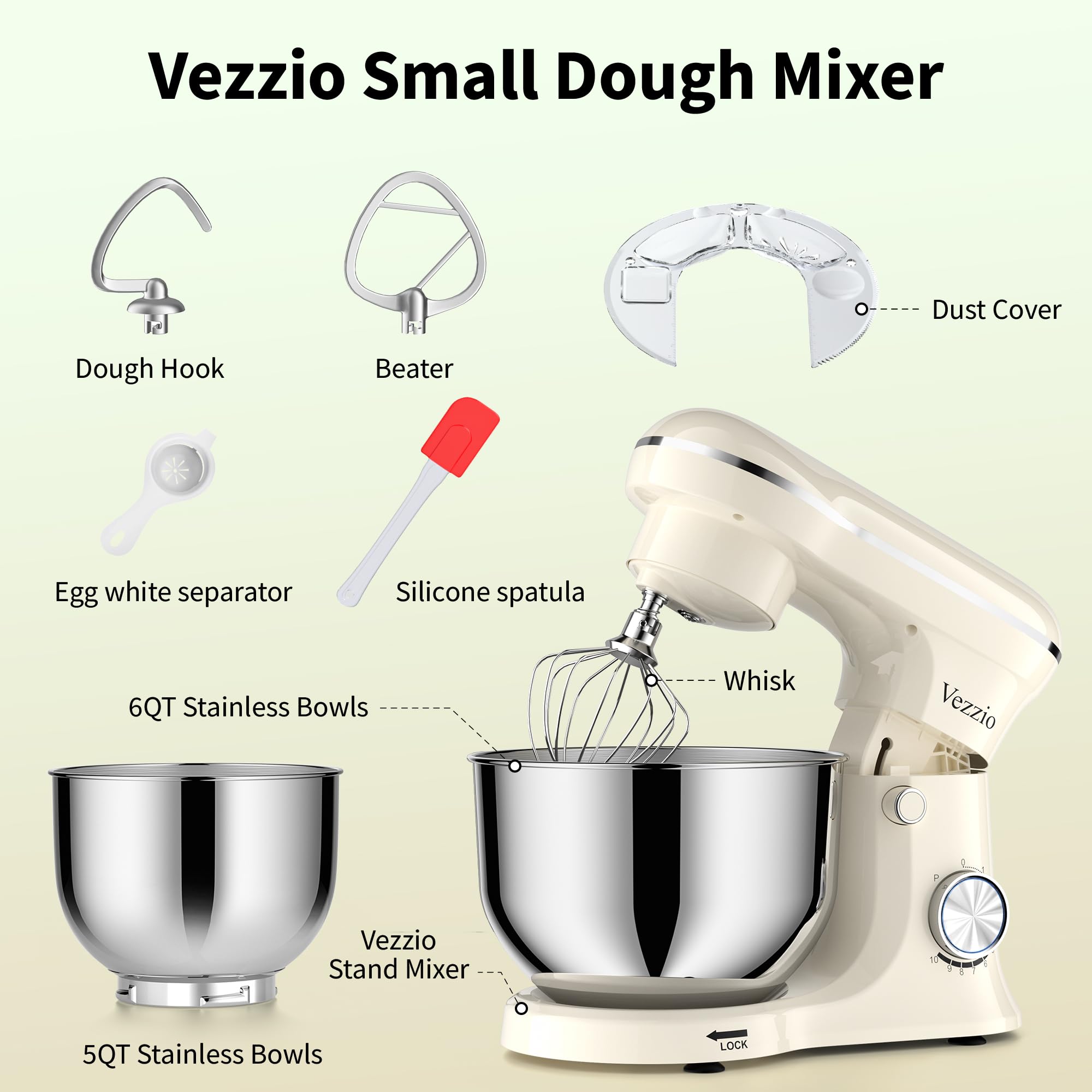 Vezzio Robot Pâtissier 1500W, Robot Cuisine avec Double Bol Acier Inoxydable (5L + 6L), 10 Vitesses, Pétrin Électrique avec Fouet, Crochet et Batteur Plat, Pour Pâtisserie et Cuisine(Blanc)
