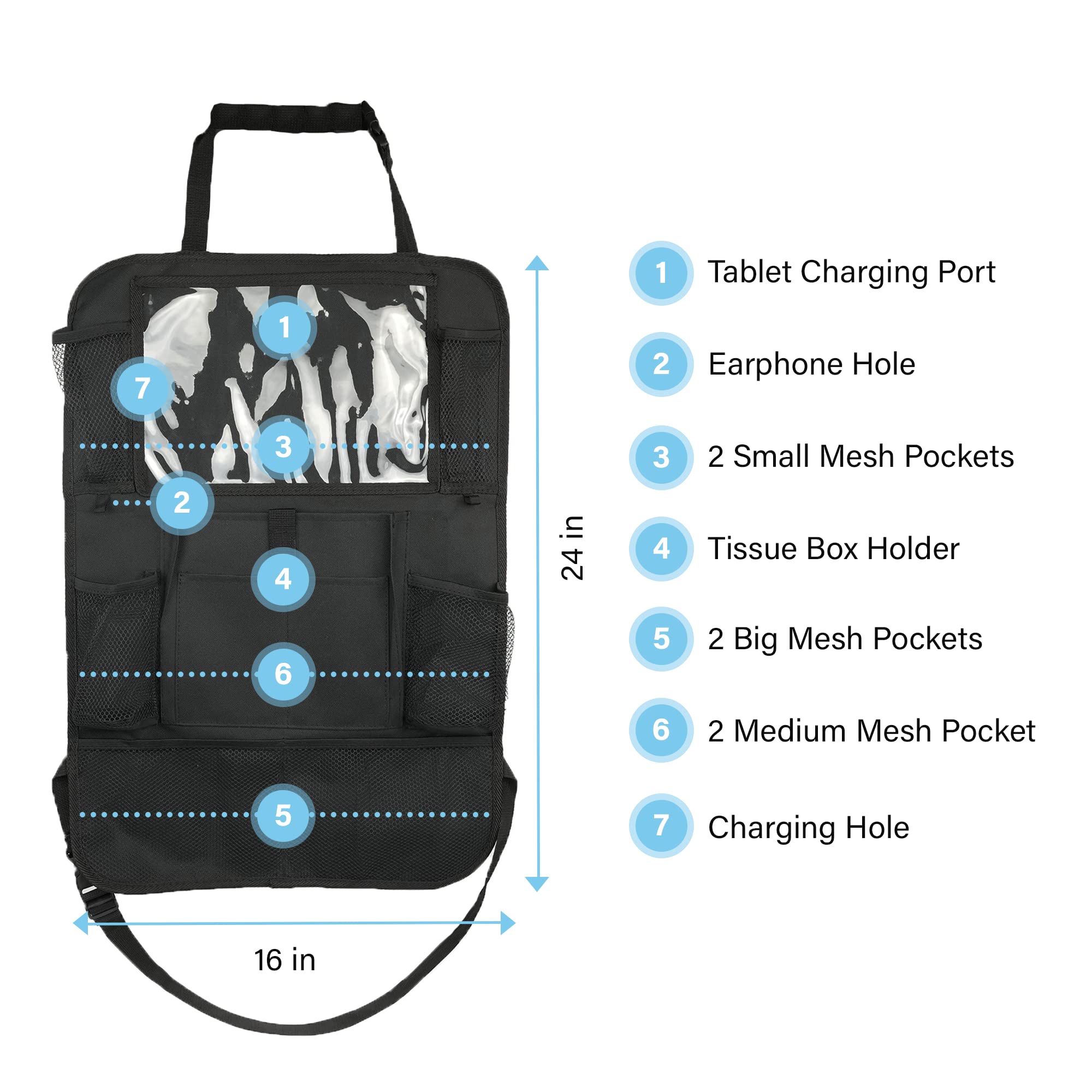 Organizador de asiento de coche – Juego de 2 organizadores de coche y almacenamiento con 10 bolsillos, organizador de almacenamiento para tablet para niños – Organizador de asiento trasero