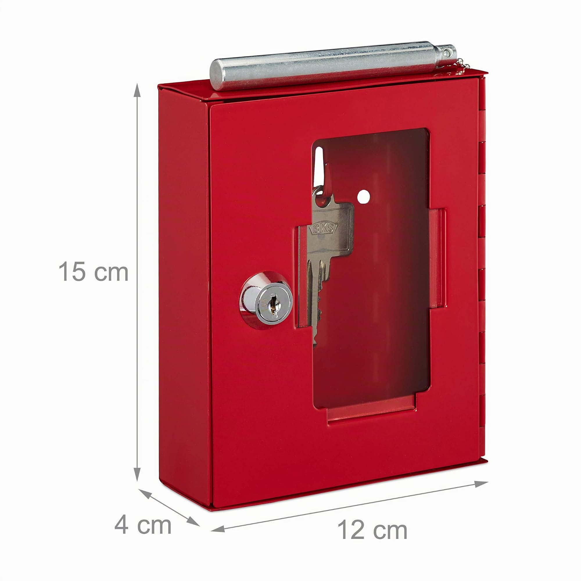 Relaxdays Boîte pour clés d’Urgence, avec vitre de Verre et Marteau, verrouillable, en métal, Petit boîtier, Rouge