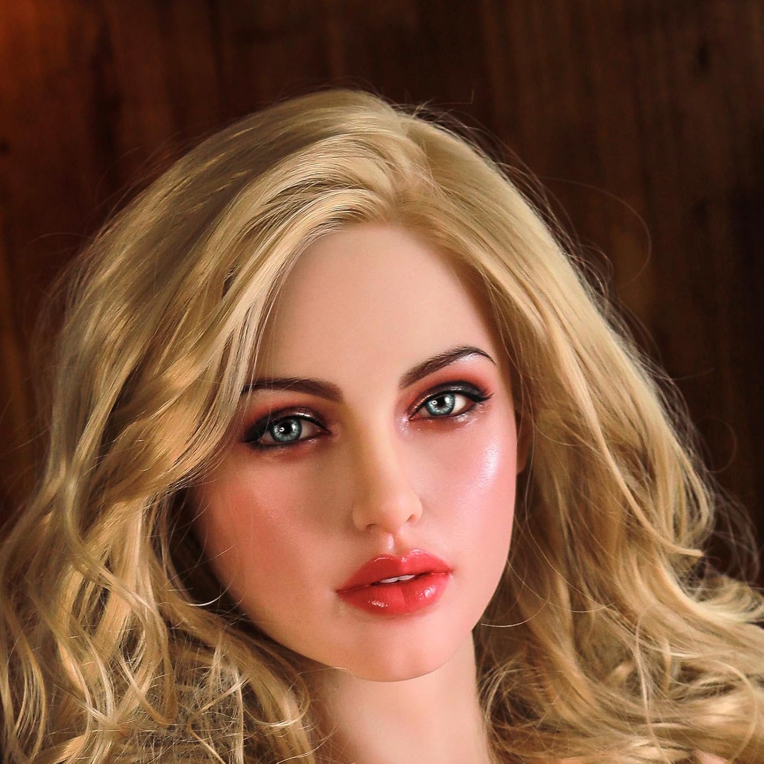 Solid Silicone Doll Head with Golden Long Hair, Makeup Doll Head Connection Life-Size Doll Parts Accessories with Light Purple Eyeballs, White Color