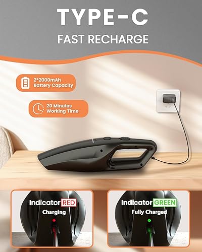 Miniatura 5 de TANYO Aspirador de mano inalámbrico Pro, mini aspiradora de coche recargable con filtro HEPA inoxidable, pequeño portátil de mano interior del coche