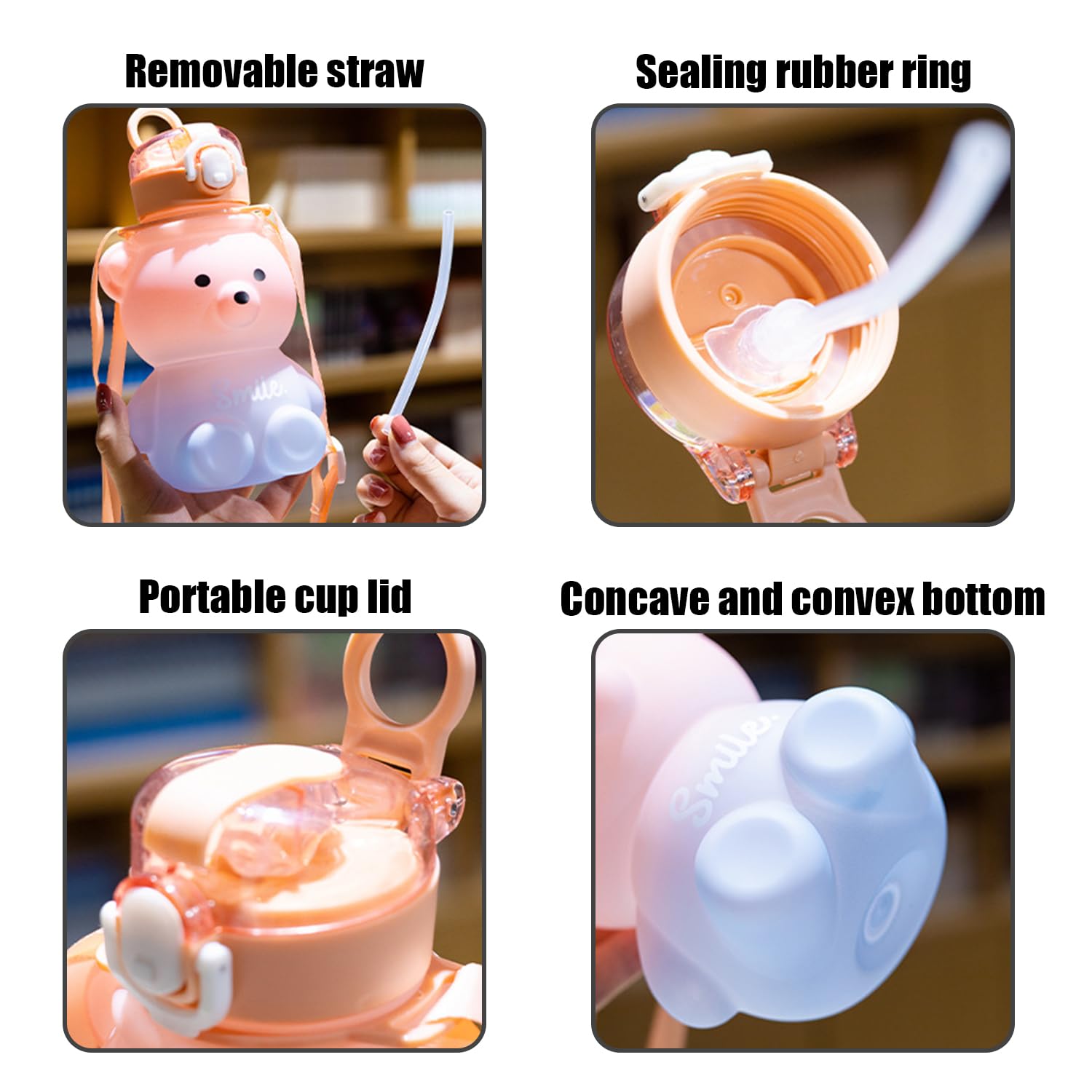 DUINIU Bear Straw Water Bottle - Children's Kawaii Water Cup With Shoulder Strap, Suitable For Kids And Women - Image 4