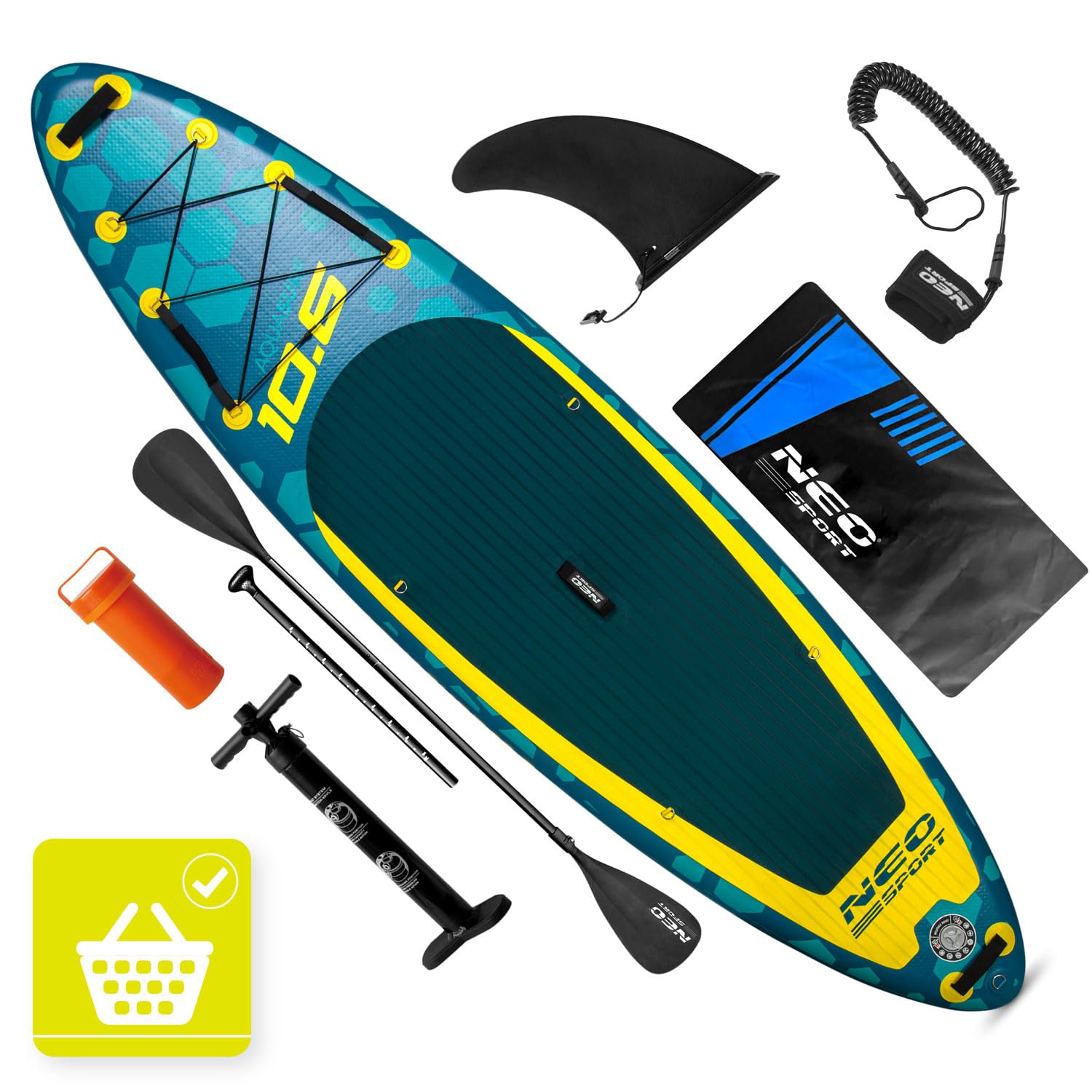 Neo-Sport Stand Up Paddling Board Aquasurf 10.6 – Allround SUP Board Set per principianti e tempo libero – 320 x 84 x 15 cm – fino a 140 kg – con pagaia, pompa, leash e zaino