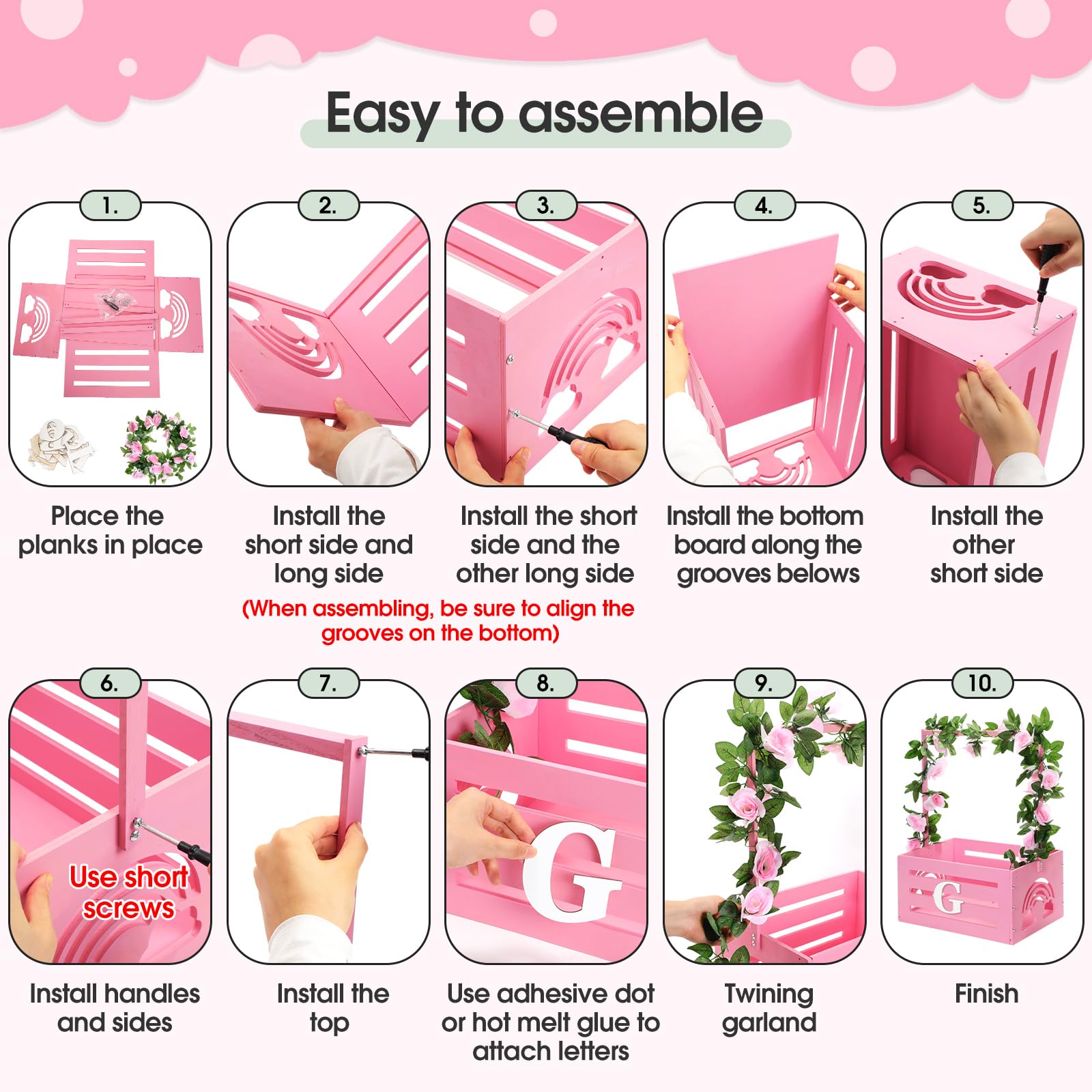 Yerliker Caja de almacenamiento de madera para baby shower con asa, guirnalda de 26 letras, caja de regalo para niñas y niños, regalos de embarazo (rosa)