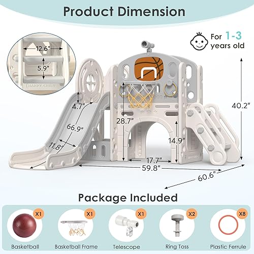 Miniatura 7 de BIERUM - Zona de juegos 9 en 1 con tobogán para niños pequeños, lanzamiento de anillo, aro de baloncesto y telescopio, área de juegos para niños