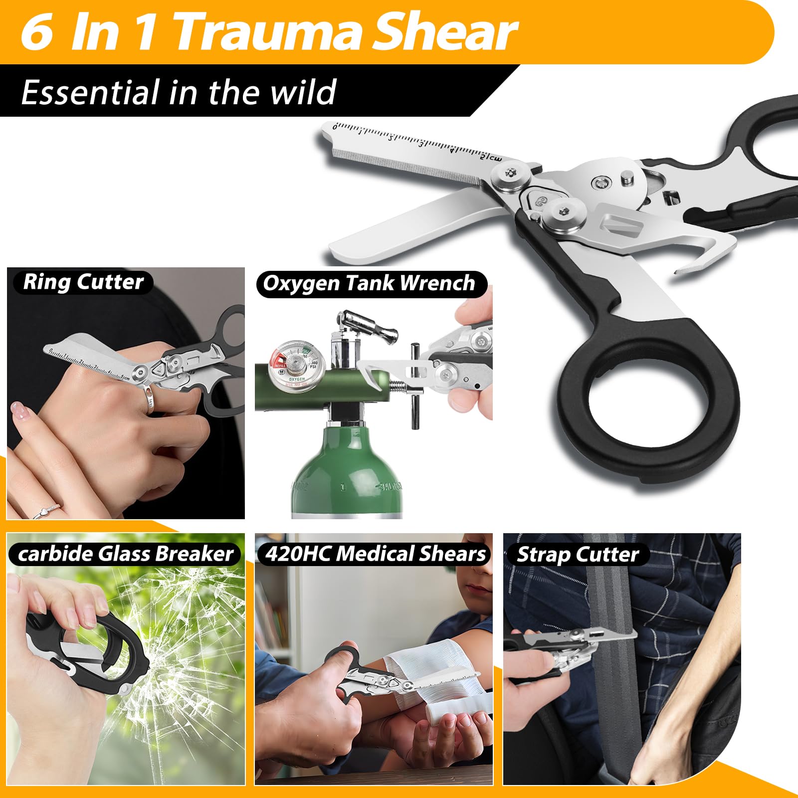 2er Pack 6-in-1 Trauma Schere mit Holster, Multifunktionale Rettungsschere mit Gurtschneider & Glasbrecher für Outdoor, Camping, Rettungsdienst, Erste Hilfe, Überlebenswerkzeuge - Schwarz
