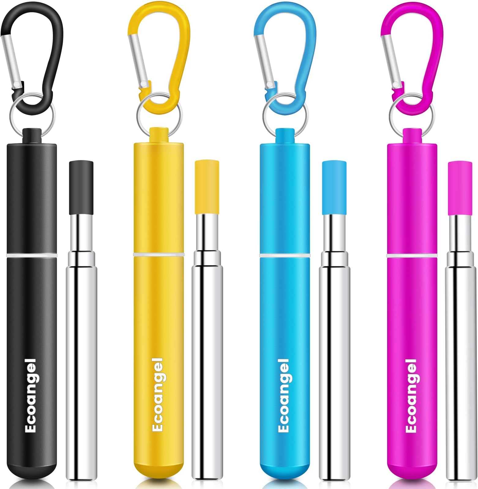 Ecoangel Cruise Ship Essentials,4-Pack reusable Collapsible Stainless Steel Drinking Straws with Aluminum Case,Cleaning Brush,and Keychains （Black & rose gold & blue & gold）