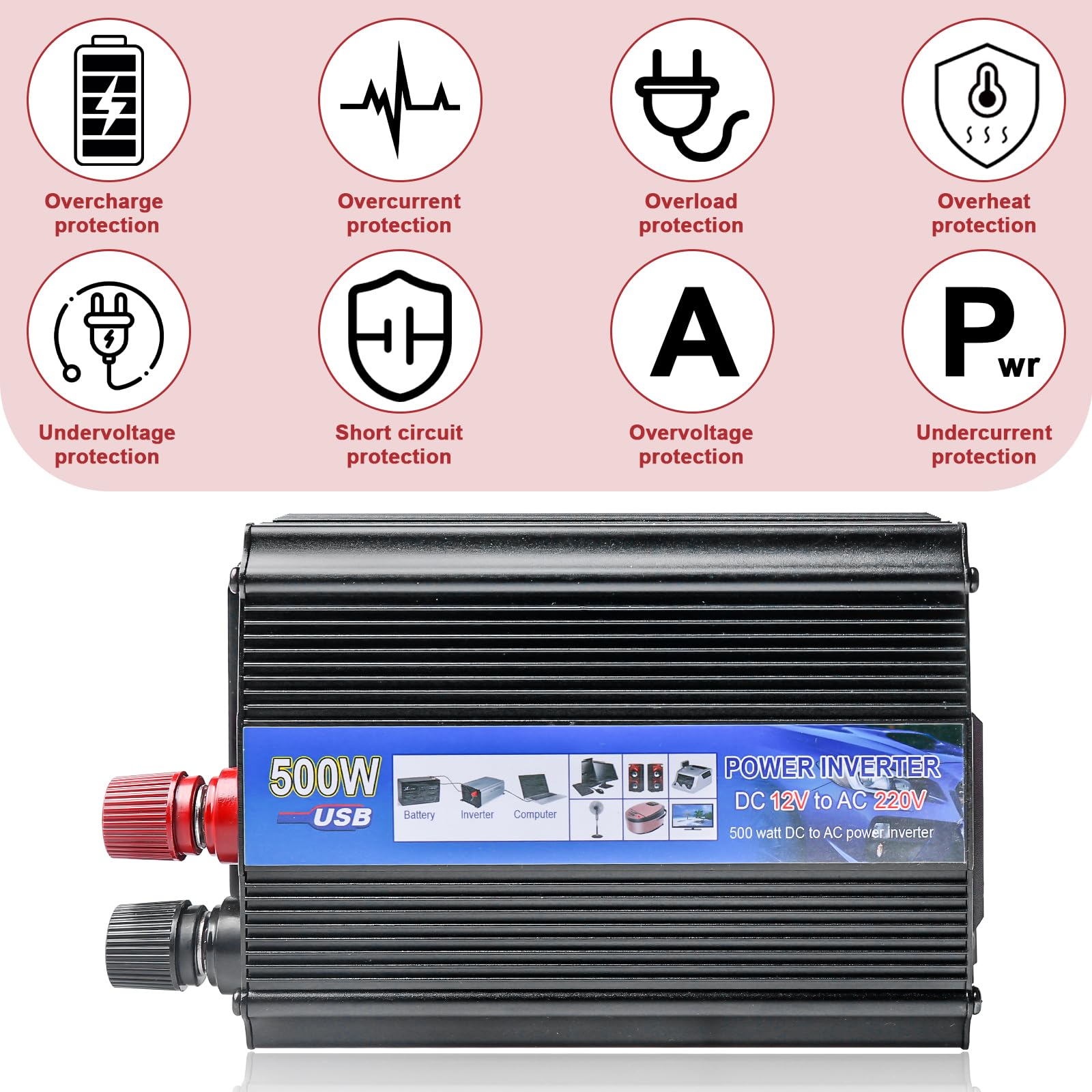 Inverter da 500 W, DC 12 V a 220 V, convertitore di tensione per auto, convertitore di corrente, inverter da 12 V a 220 V, spina accendisigari da auto, ricarica il tuo laptop, iPad