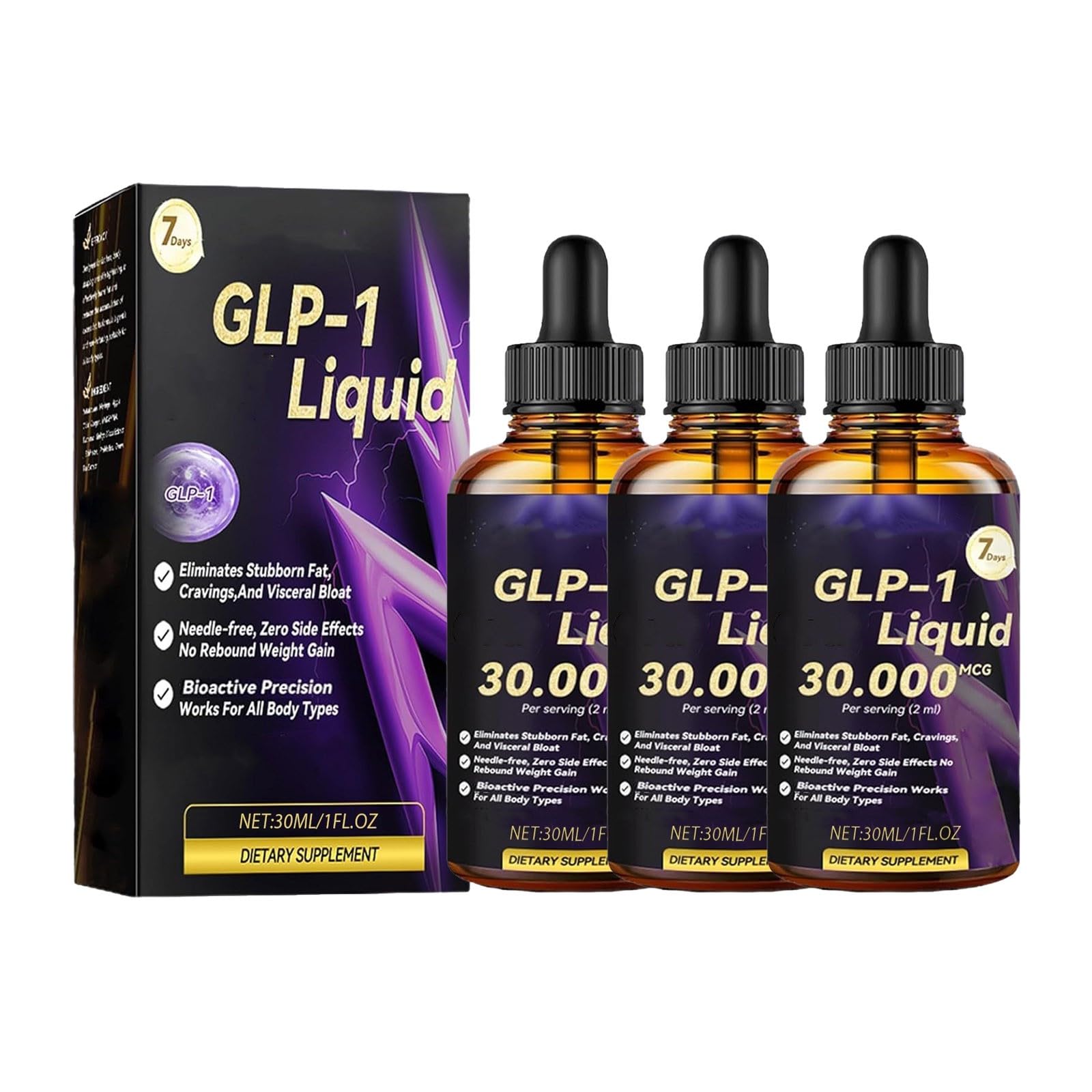 Dormorna GLP-1 Liquid Slimming Drops Easy Weight Loss Plasticity Supplement Peptide Complex Serums Natural Plant Extract Concentrate Peptides Complex Serums Drops for Women and Men Unisex 30ML(3PCS)