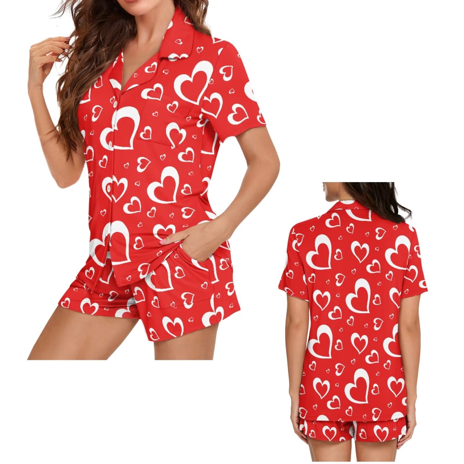 Conjunto de pijama a juego para parejas, de manga corta, con botones, ropa de dormir, Corazones rojos, 4XL