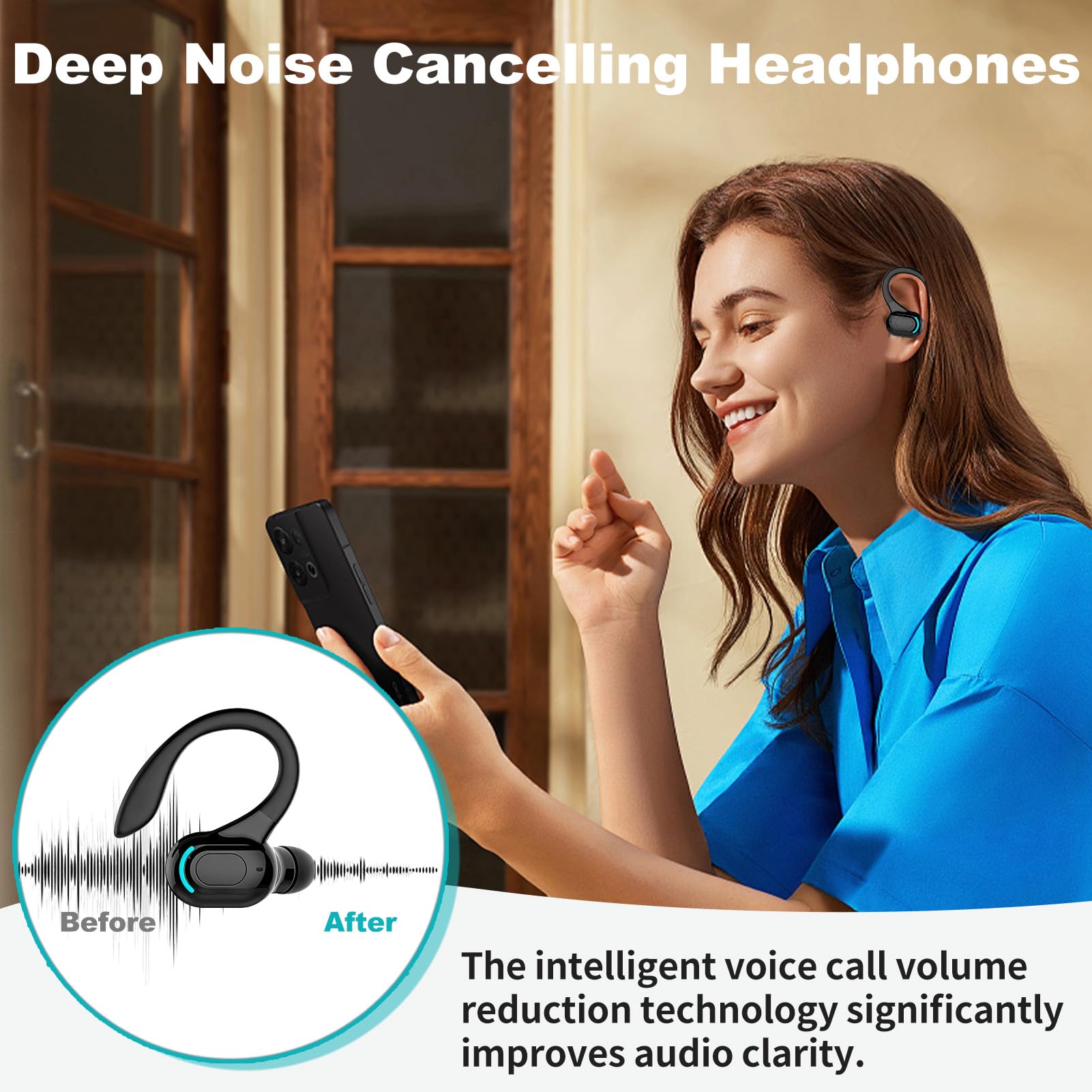 Auricolare Bluetooth Mono senza fili V5.2, microfono integrato a mani libere orecchio, 70 mAh, fino a 20 ore di riproduzione, design a 360° sopra l'orecchio, uso casco wireless per iPhone, Android e