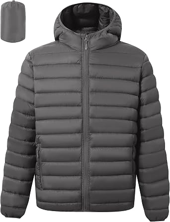 Polu Mens Puffer Jacket with Hood Warm Lightweight Hooded Winter Coat Puffer Jacket for Men Work Outdoor Hiking
