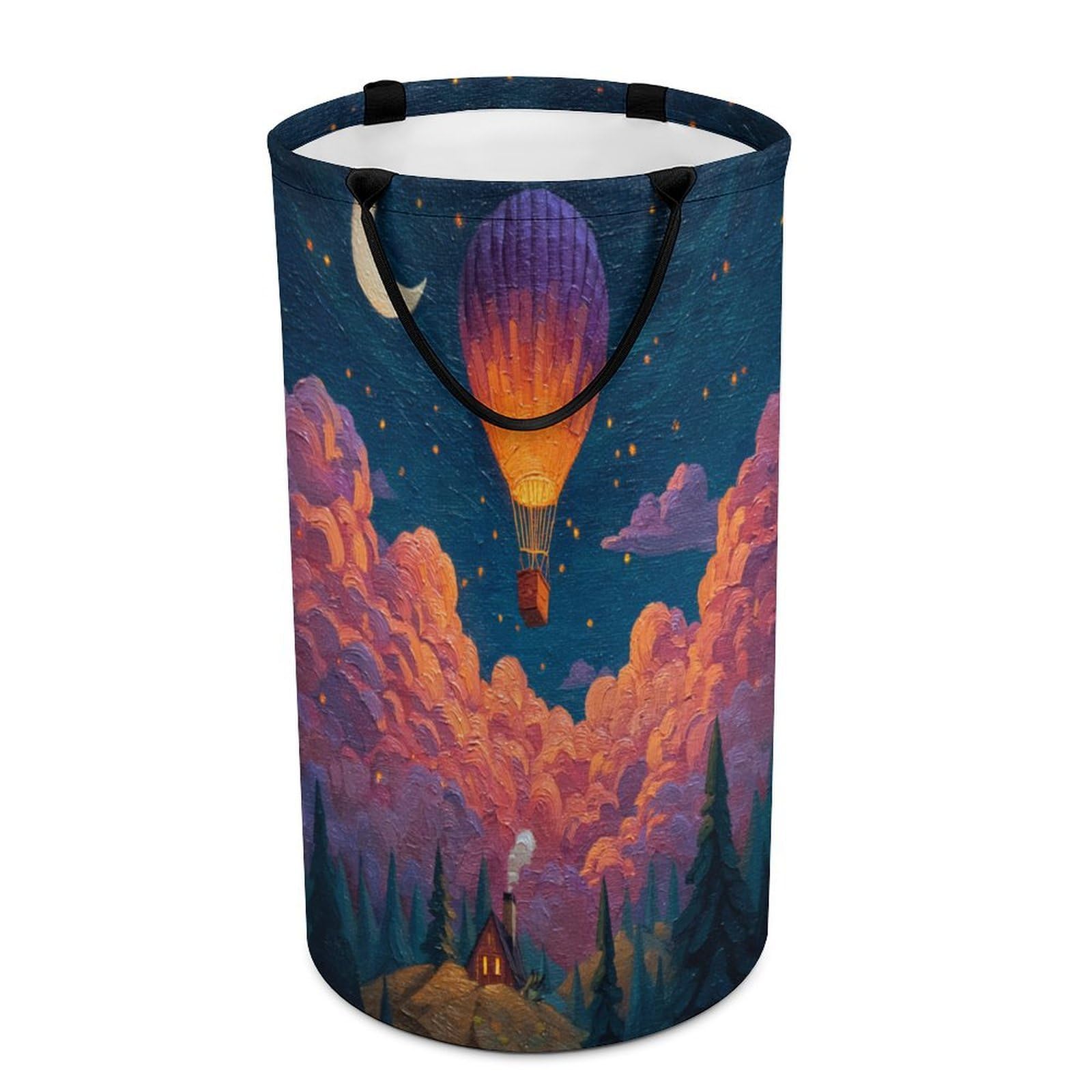 LUYYSKY Classic Anime Hot Air Balloon Collapsible Dirty Clothes Basket, Colorful Cartoon Starry Sky Enchanted Fairy Forest Cloud Pattern Portable Clothes Storage Laundry Basket-40 CM Dia, 69 CM High