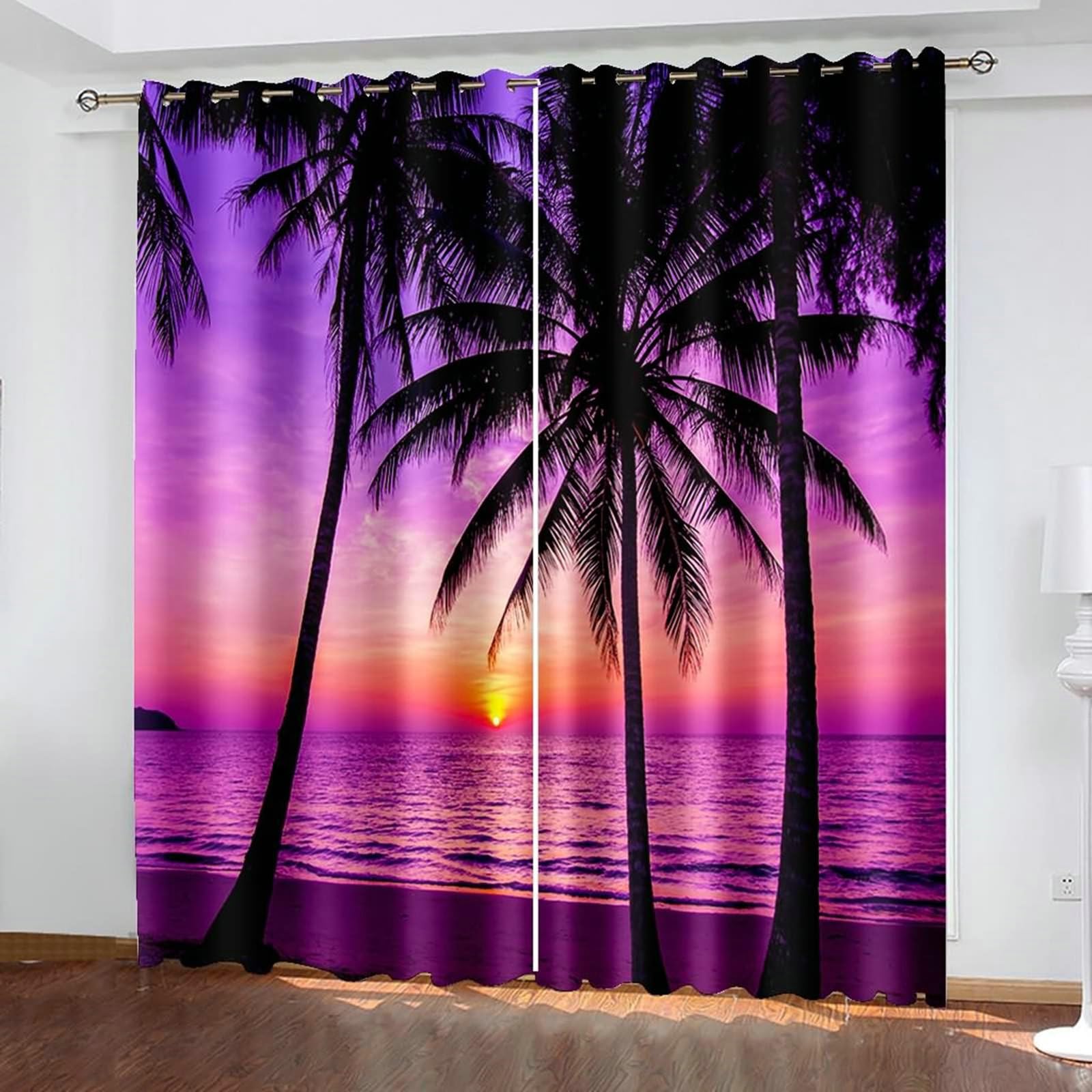Vorhänge mit Ösen 2er Set, Gardinen Blickdicht Sonnenuntergang Strand Palmen Landschaft H 183 x B 102 cm Abdunkelnde Verdunklungsvorhänge für Wohnzimmer