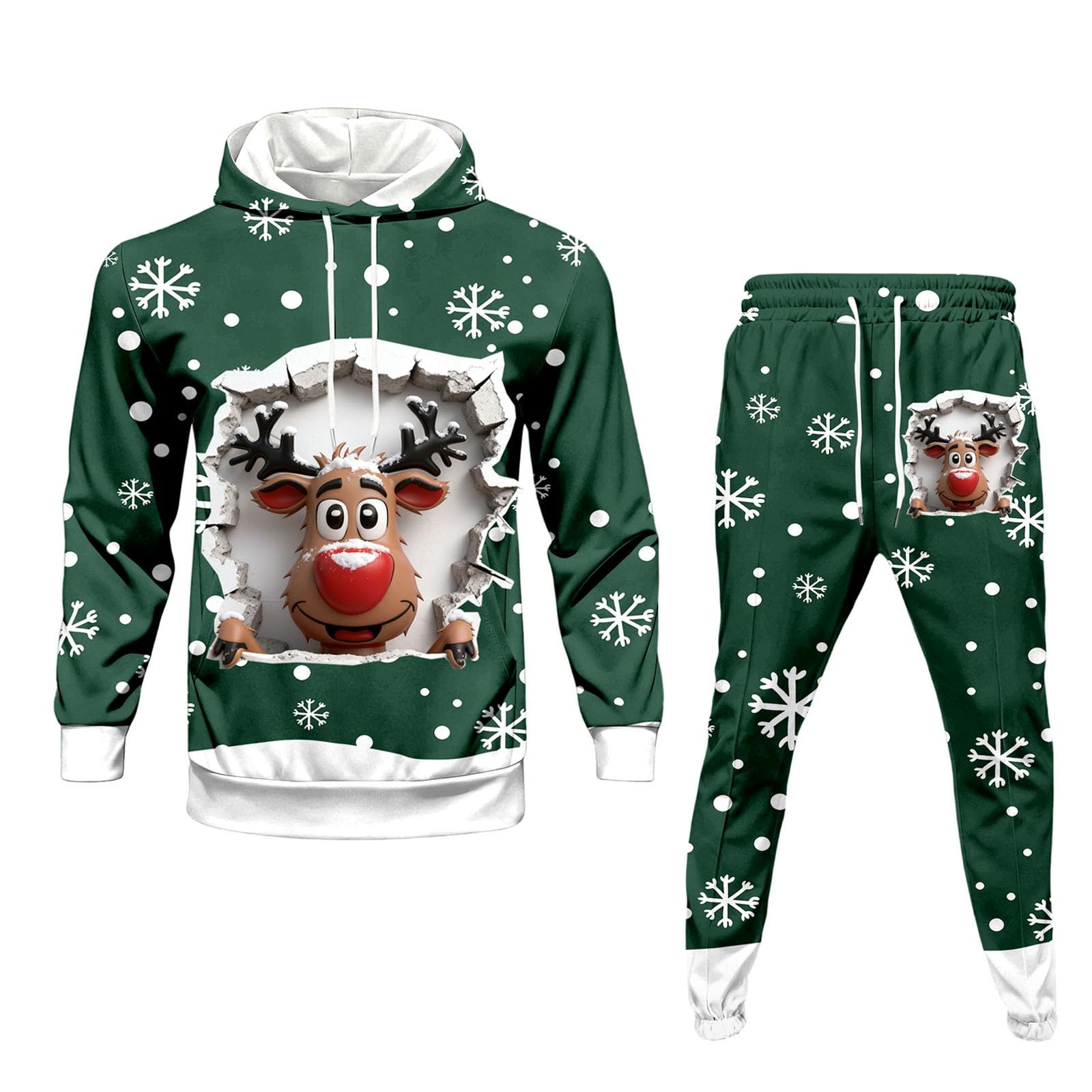Generisch Tuta natalizia da uomo, da jogging, set di tute natalizie, 2 pezzi, Funky Reindeer, stampa 3D, abbigliamento natalizio con cappuccio e pantaloni da jogging