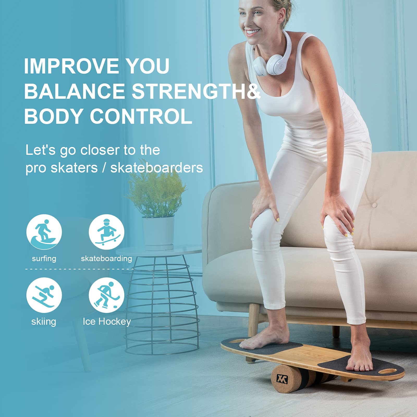 XCMAN Balance Board in Bambus mit verstellbaren Stoppern 3 Verschiedene Distanzmöglichkeiten Surf Balance Board für Surfen, Skifahren, Snowboarden, Skateboardtraining