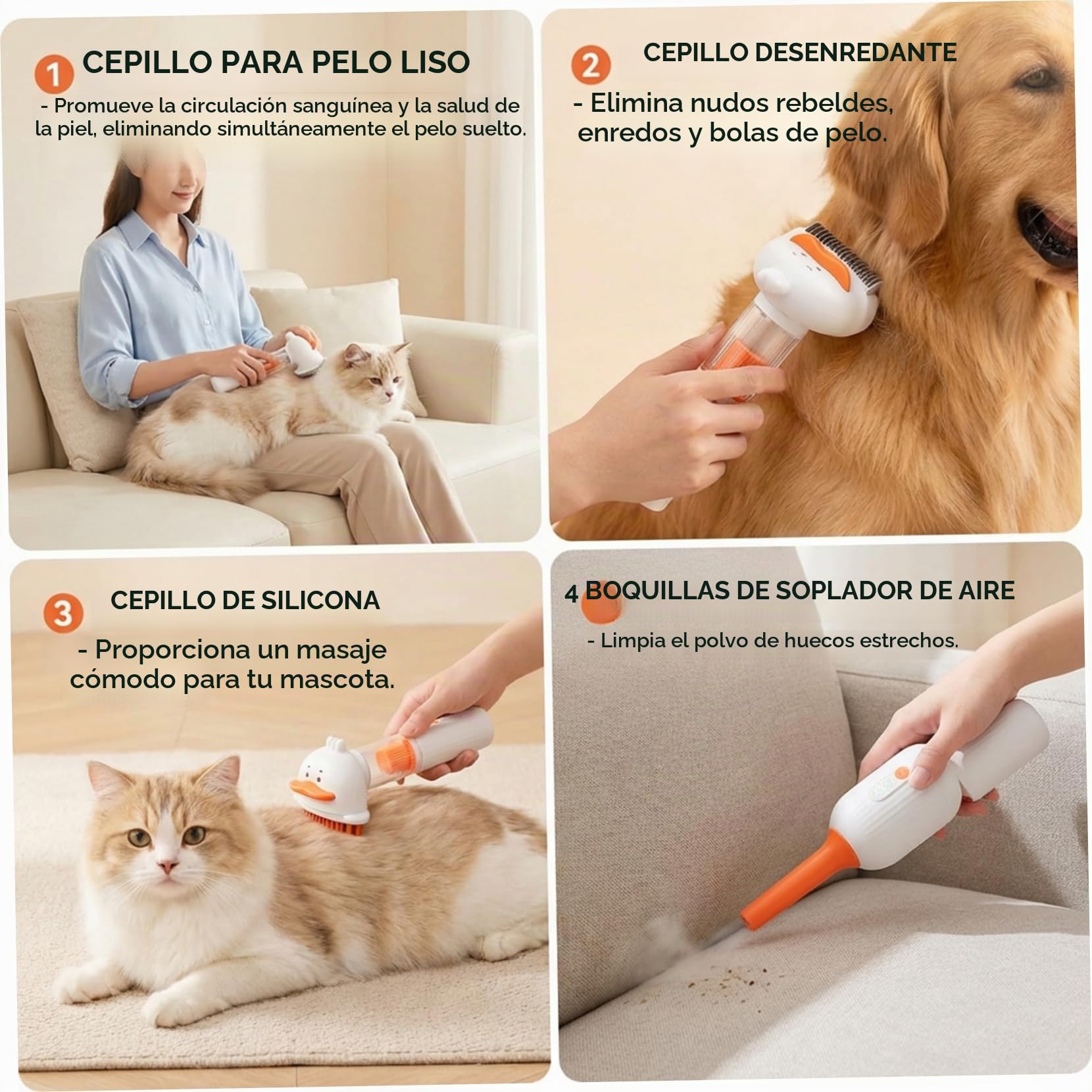 Cepillo aspirador para perros, aspirador 4 en 1 para perros y gatos con autolimpieza, diseño inalámbrico, herramienta de aseo para pelo corto y mediano, cepillo para