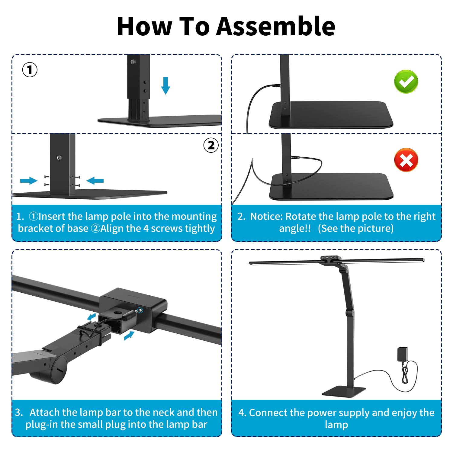 KableRika 24W Lampe de Bureau LED 80cm Double Tête, Métal Base, Réglage Intensité, Protection des Yeux, Noir