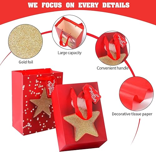 Miniatura 5 de Paquete de 4 bolsas de regalo de tamaño grande de 13 pulgadas, bolsas de regalo con patrón de Navidad surtido con papel de seda para decoración de