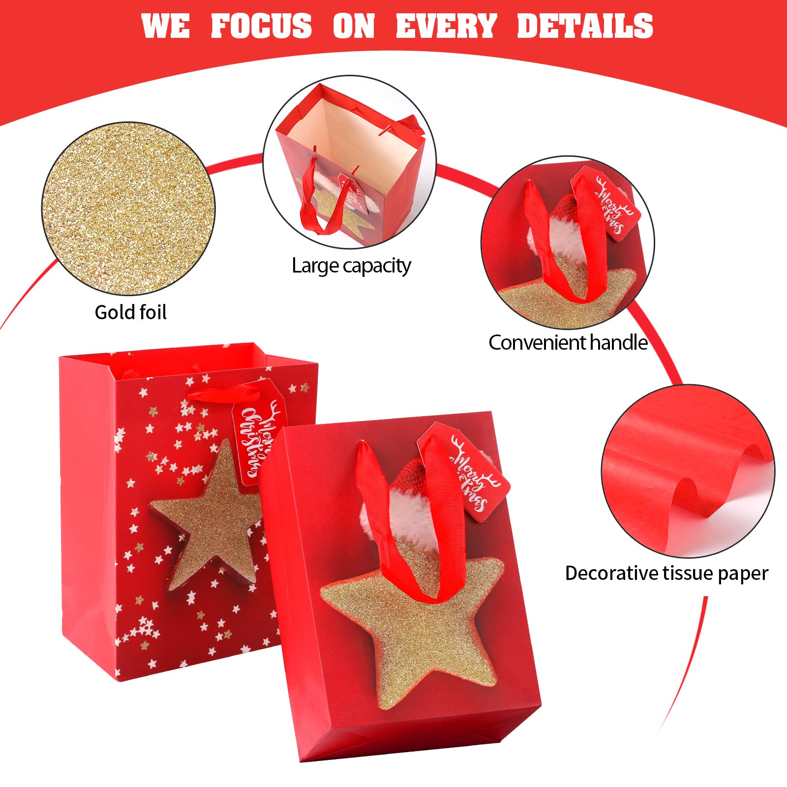 4 Sacchetti Regalo Natalizi KomoLeay Medi 22,9 Cm Con Carta Vellina - Assortiti, Per Regali Di Natale