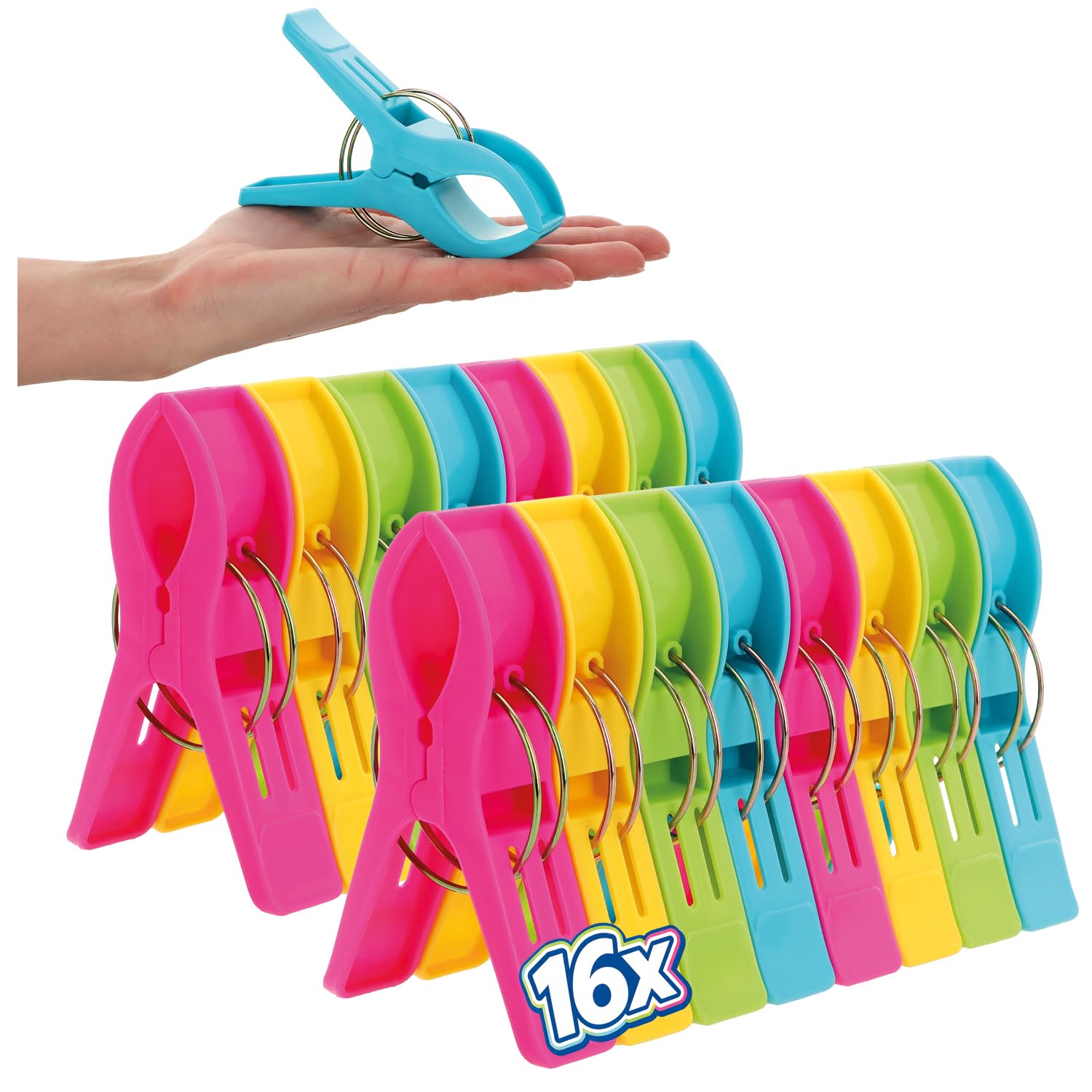 Robin Goods® 16x XXL beach towel clips for sun lounger, beach chair and balcony – large towel clips for garden and camping – hold towels and blankets securely (16x colorful)