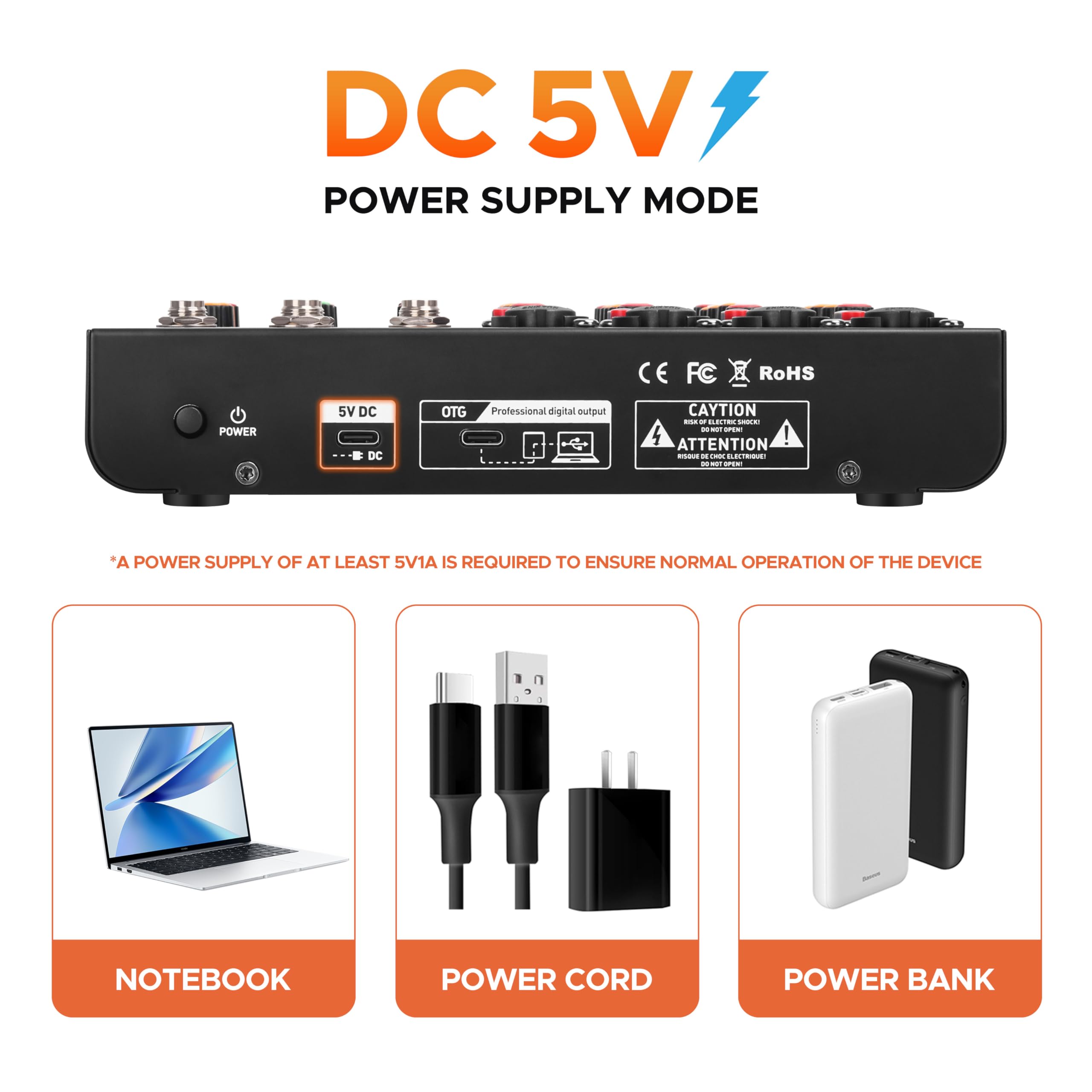 Mini6 Mixer Audio Professionale per DJ – Mixer a 6 Canali con Interfaccia USB, Bluetooth e Alimentazione Phantom 48V – Ideale per Streaming, Podcasting e Performance Live
