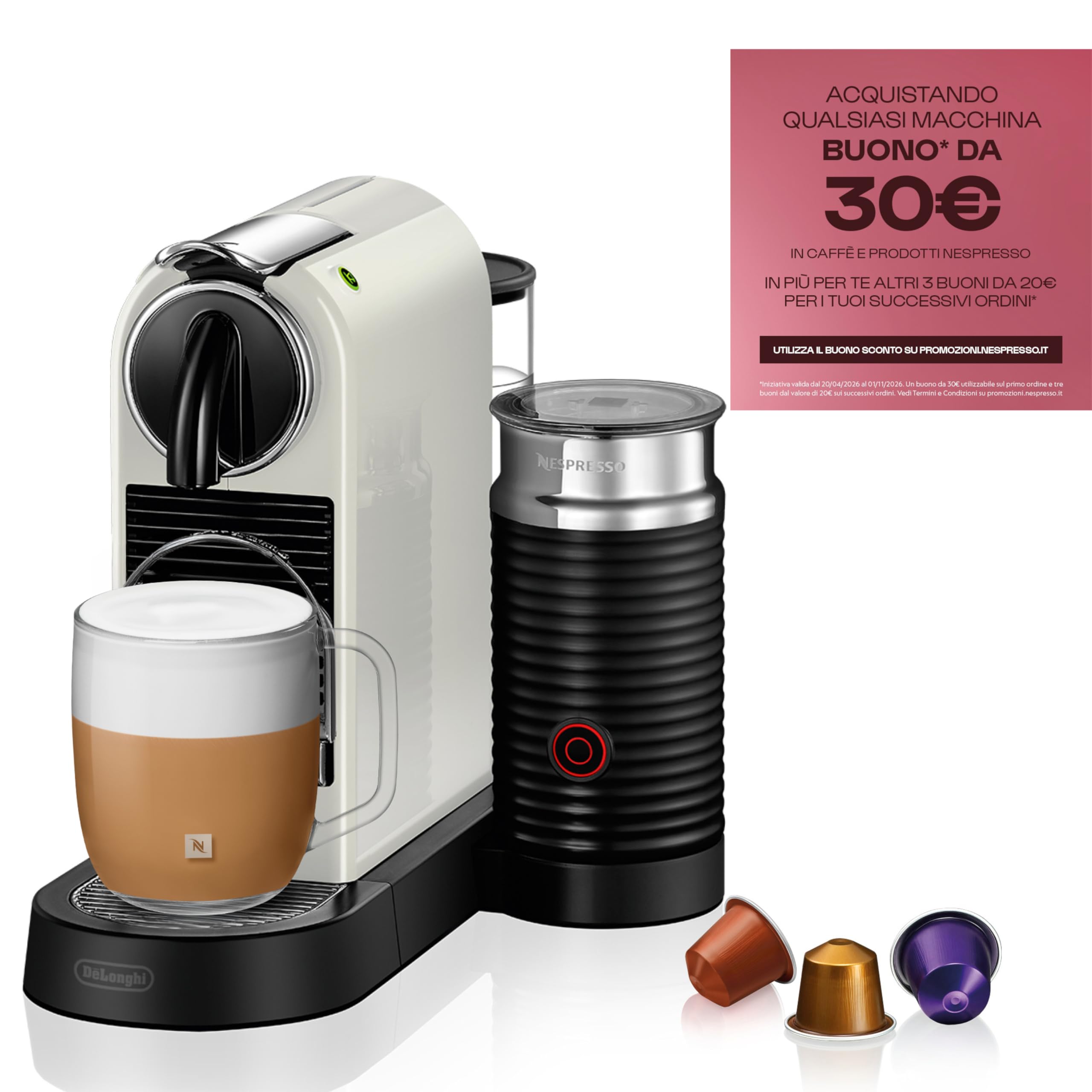 Nespresso Citiz & Milk con Aeroccino EN267.WAE, Macchina da caffè di De'Longhi, Sistema Capsule Nespresso, Serbatoio acqua 1L, colore White