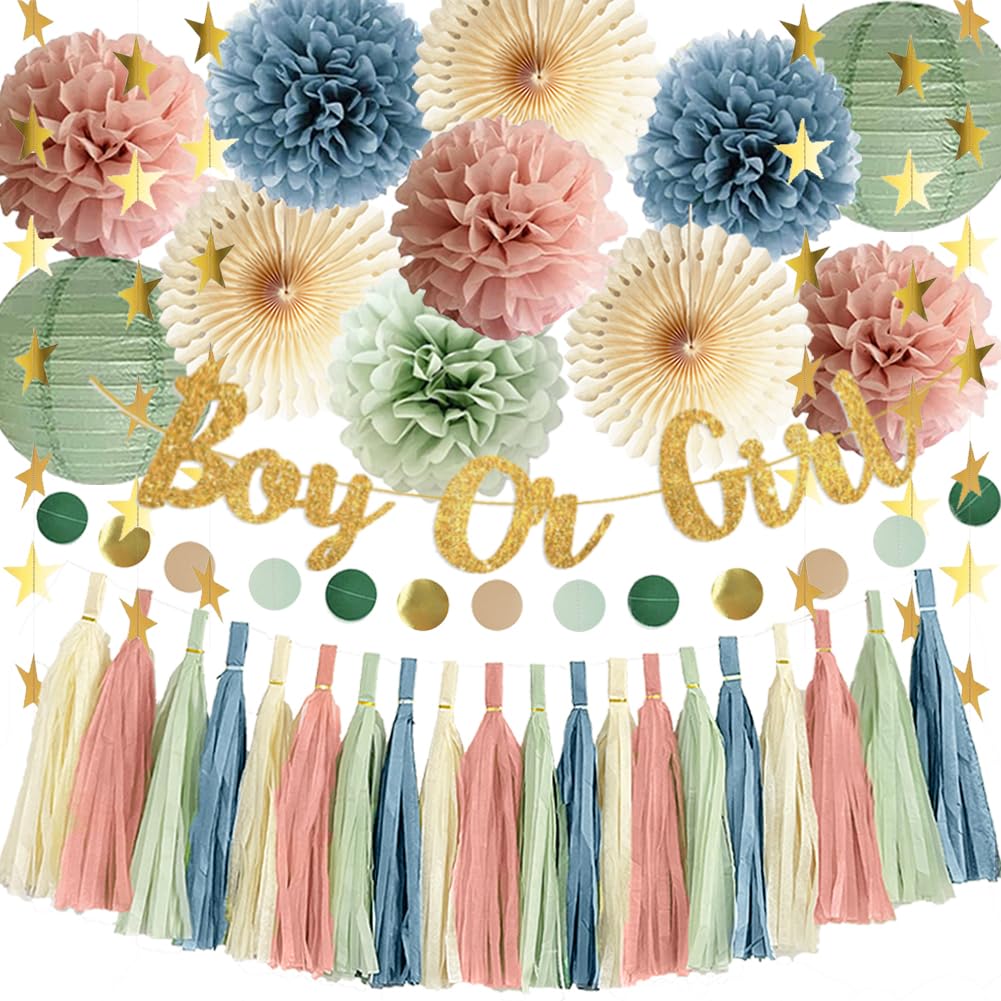 Gender Reveal Decorations Boy Or Girl Sage Green Dusty Pink Blue Baby Shower Party Decorations Sage Dusty Pink Blue Paper Tassel Garland Pom Poms Fans for Baby Girls Boys Shower Party Decor