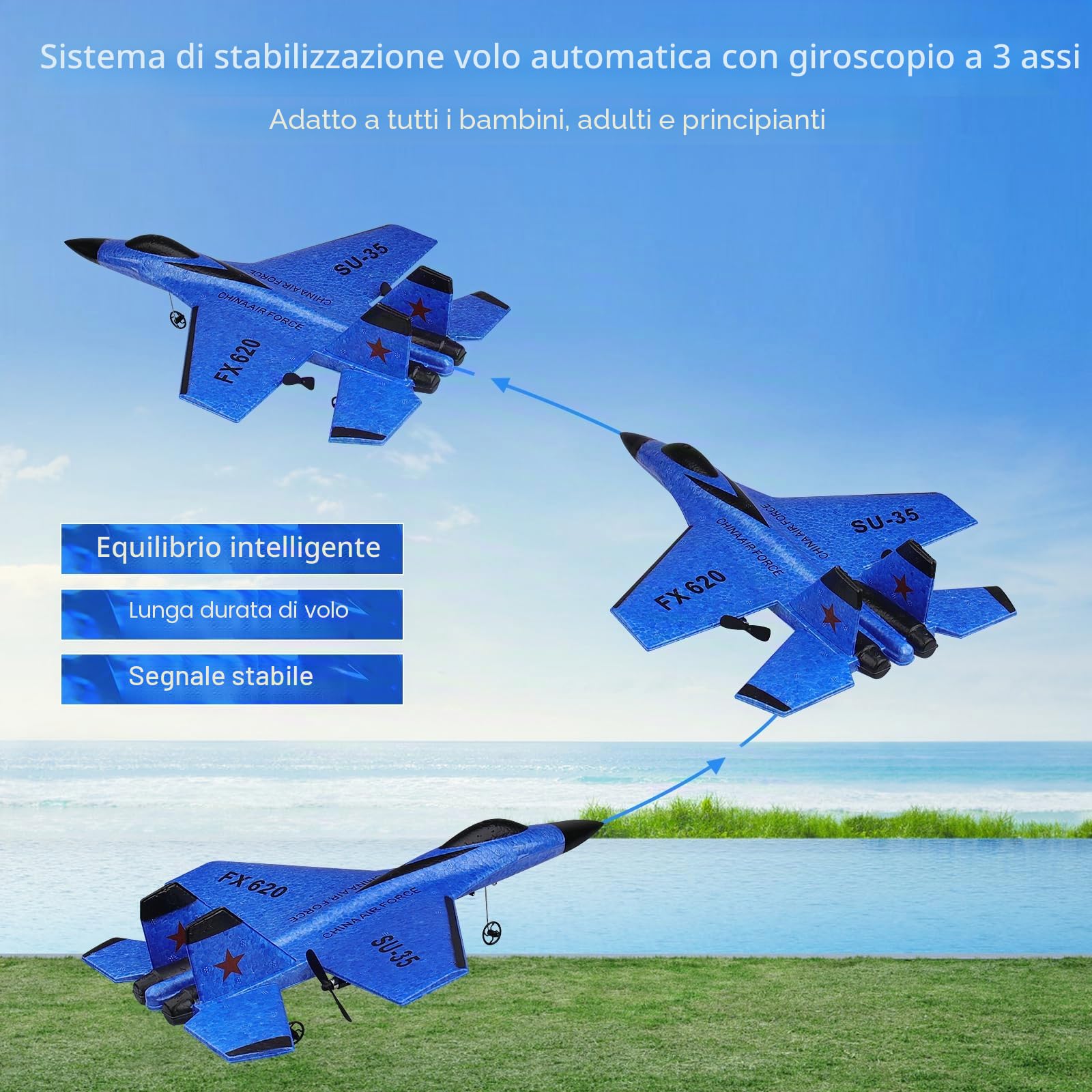 Henakmsl 2CH Aereo Telecomandato SU35, 2,4 GHz Aereo RC Aeroplano Telecomandato con 2 Batterie e Luci Colorate, Aliante Volante Telecomandato per Adatto a Bambini/Adulti/Principianti, Blu