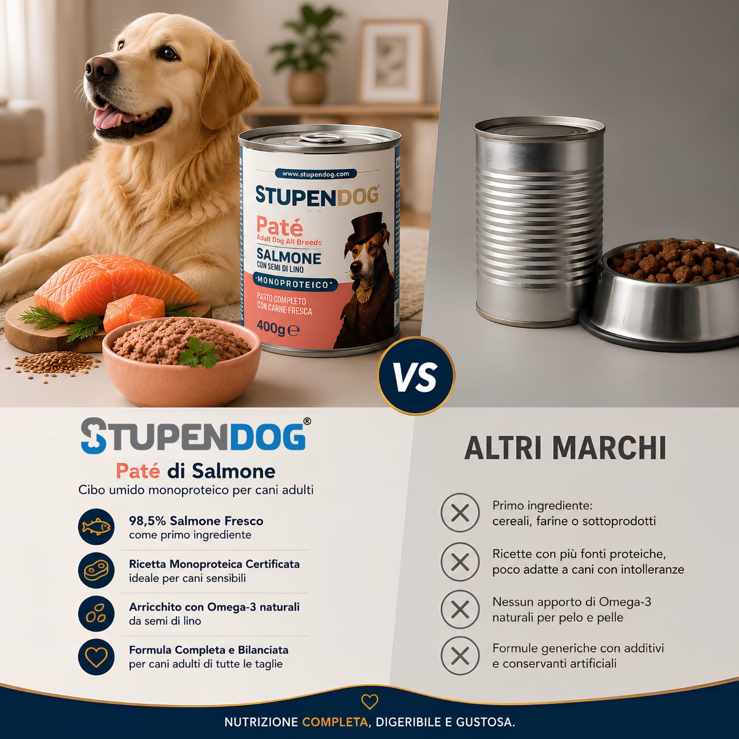 STUPENDOG Paté per Cani Monoproteico al Salmone con Semi di Lino - 98,5% Salmone Fresco, Ipoallergenico, Pelo Lucido, Pelle Sana – Cibo Umido Naturale per Cane Adulto (12 Confezioni - 400g)