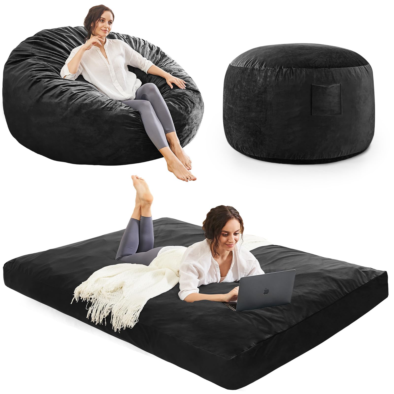 Bean Bag Chairs for Adults - Giant Bean Bag Chair Convertible Bean Bag Bed - Beanbag Chair with Microfiber Cover/Furniture Foam Filler - Floor Couch Sofa in Bedroom Dorm Room - Full Carbon Black