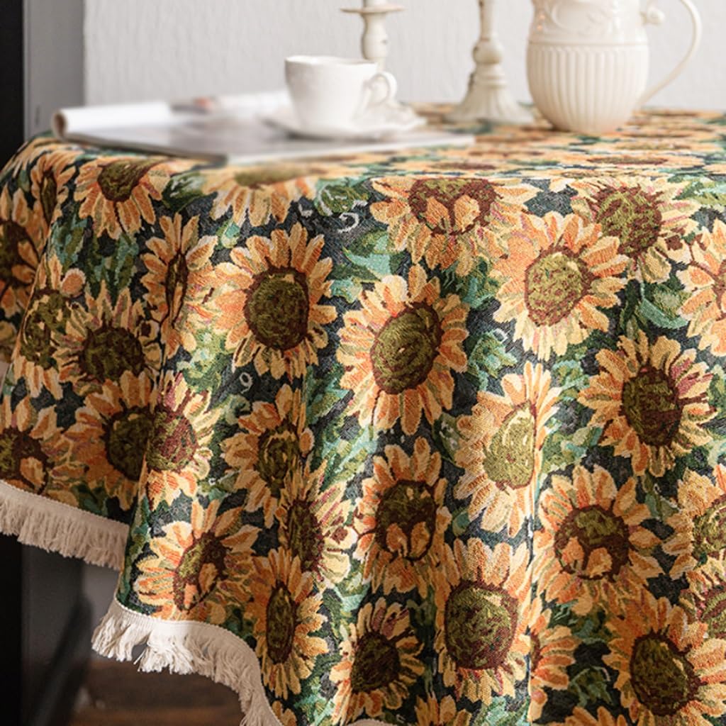ARINAL Tela De Mesa Suave Mantel Redondo Retro, Mantel de Girasol, Mantel de Lino y algodón con borlas, Mueble de TV, Mantel de Mesa de café Cubierta De Mesa De Tela (Color : A, Size : 150x150cm)