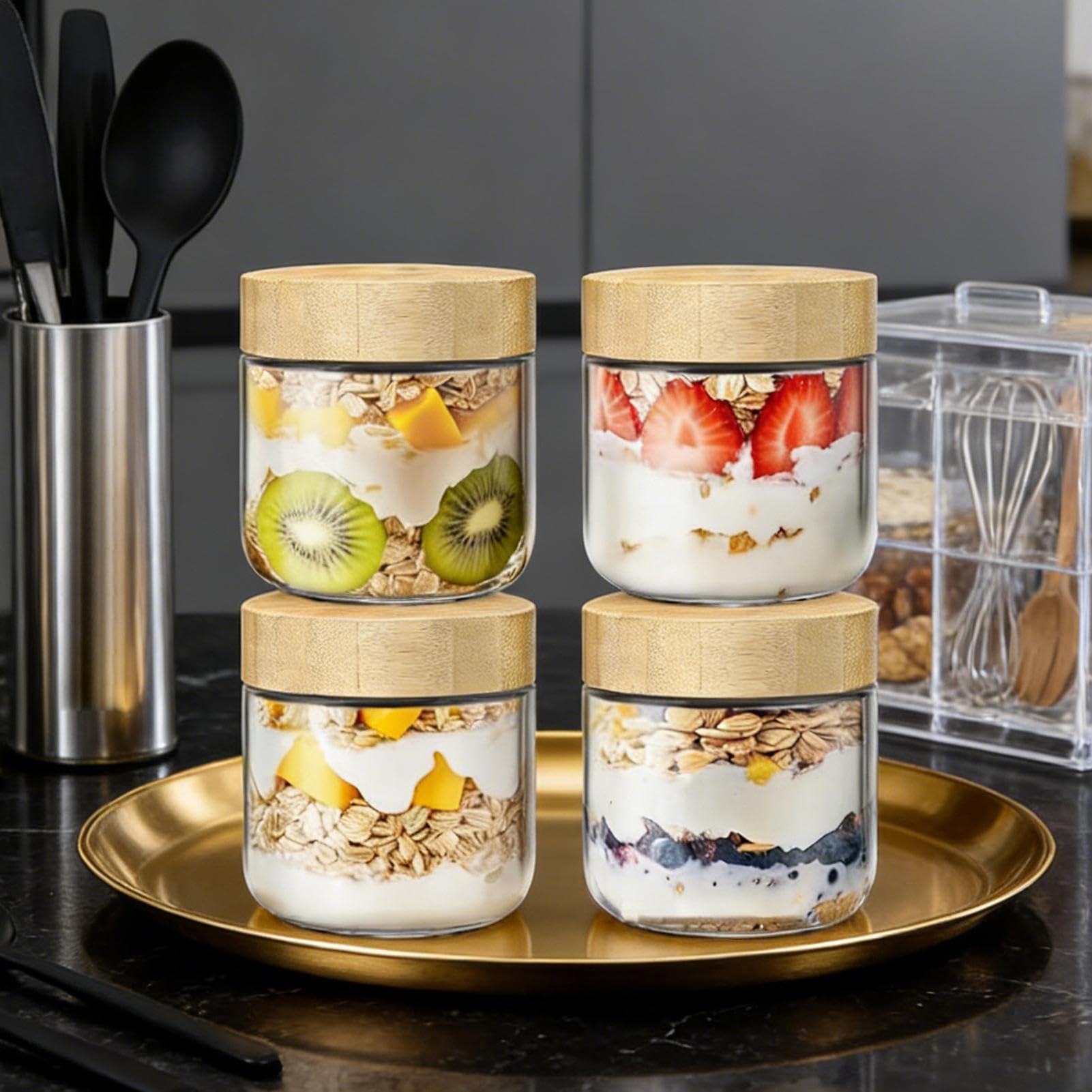 Barattolo Per Overnight Oats 4 X 300ml Barattoli In Da Insalata A Bocca | Barattoli Per Avena Notturna Con Coperchi Colazione Pranzo Yogurt Spuntino Frutta Cereali E Caffè