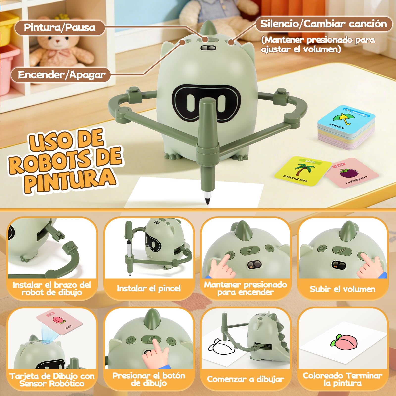 Charmofun Robot de pintura para niños, 200 tarjetas de aprendizaje, robot de dibujo para niños con reconocimiento de cámara, máquina de dibujo educativa interactiva, juguete educativo Montessori para