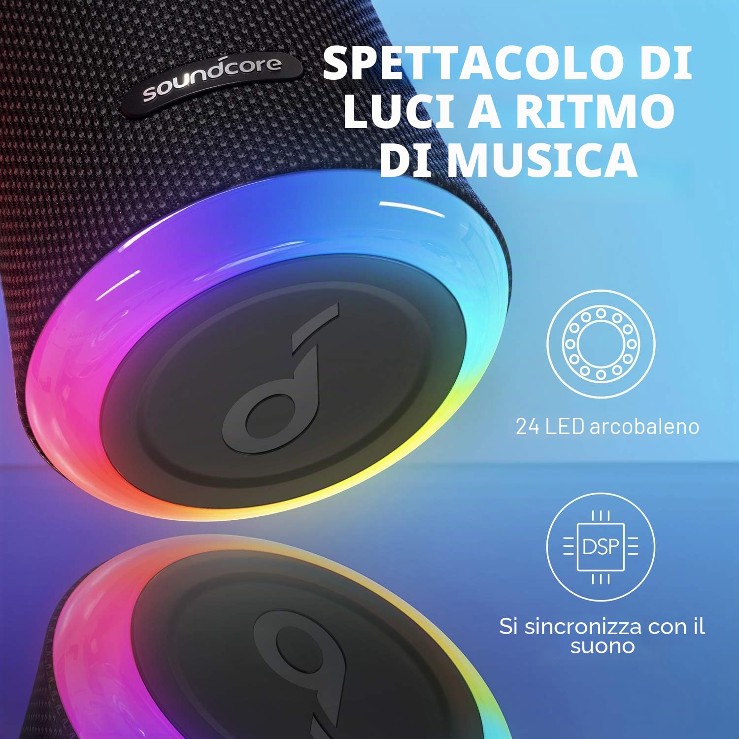 Soundcore Flare 2 Altoparlante Bluetooth Anker, impermeabile IPX7, audio a 360° per riproduzione per 20 ore, altoparlante wireless da 20 W con PartyCast.
